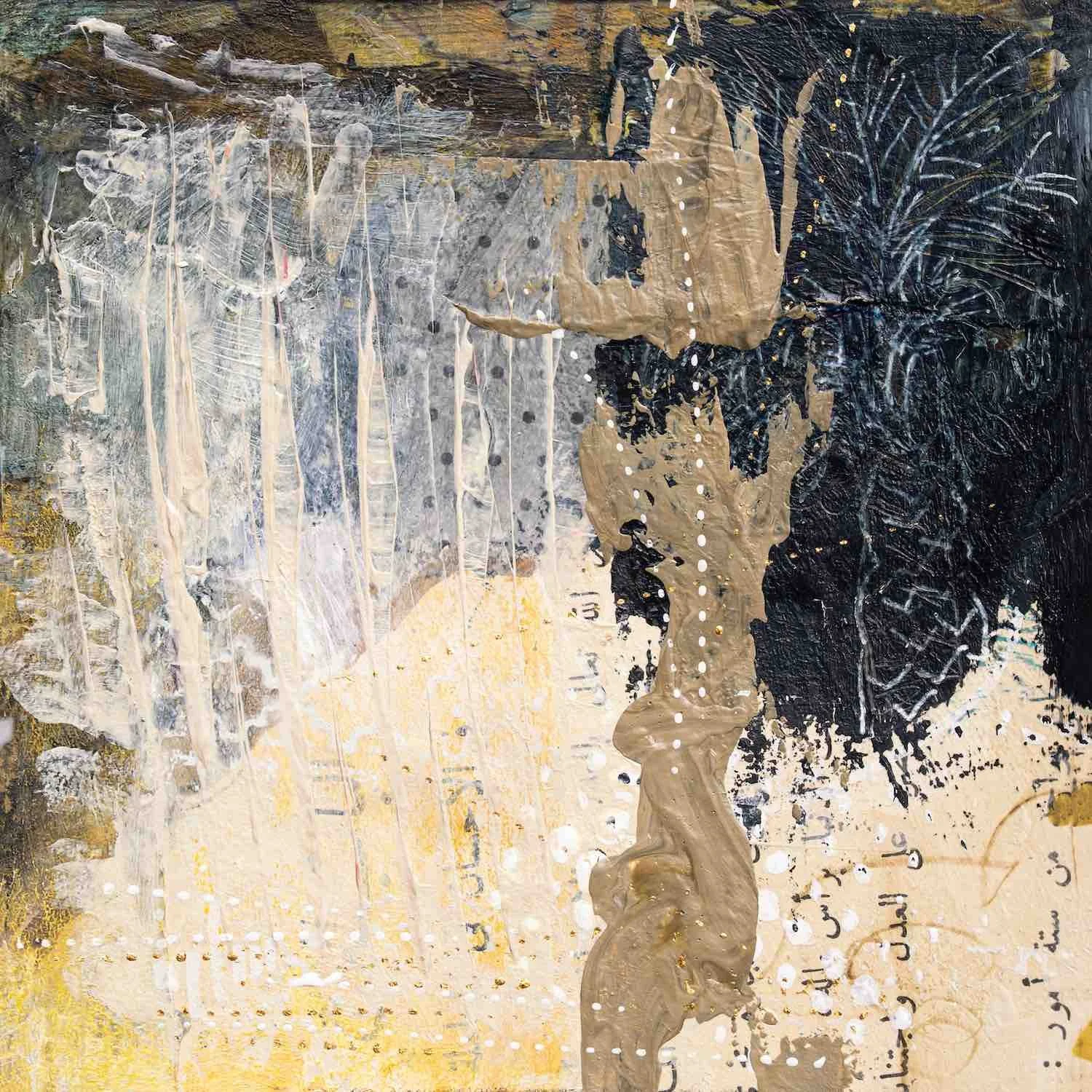 Qiyam (Standing) - original mixed media miniature painting of a standing gold column rising over collaged Arabic script beneath a dark night sky, Athar Collection by Sara Kabariti