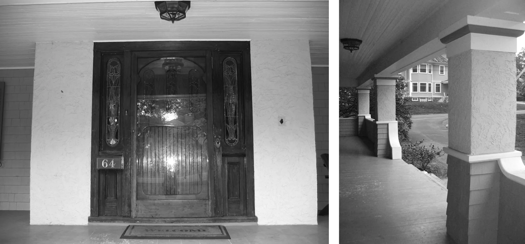 Pre-renovation view of the front door and front porch.