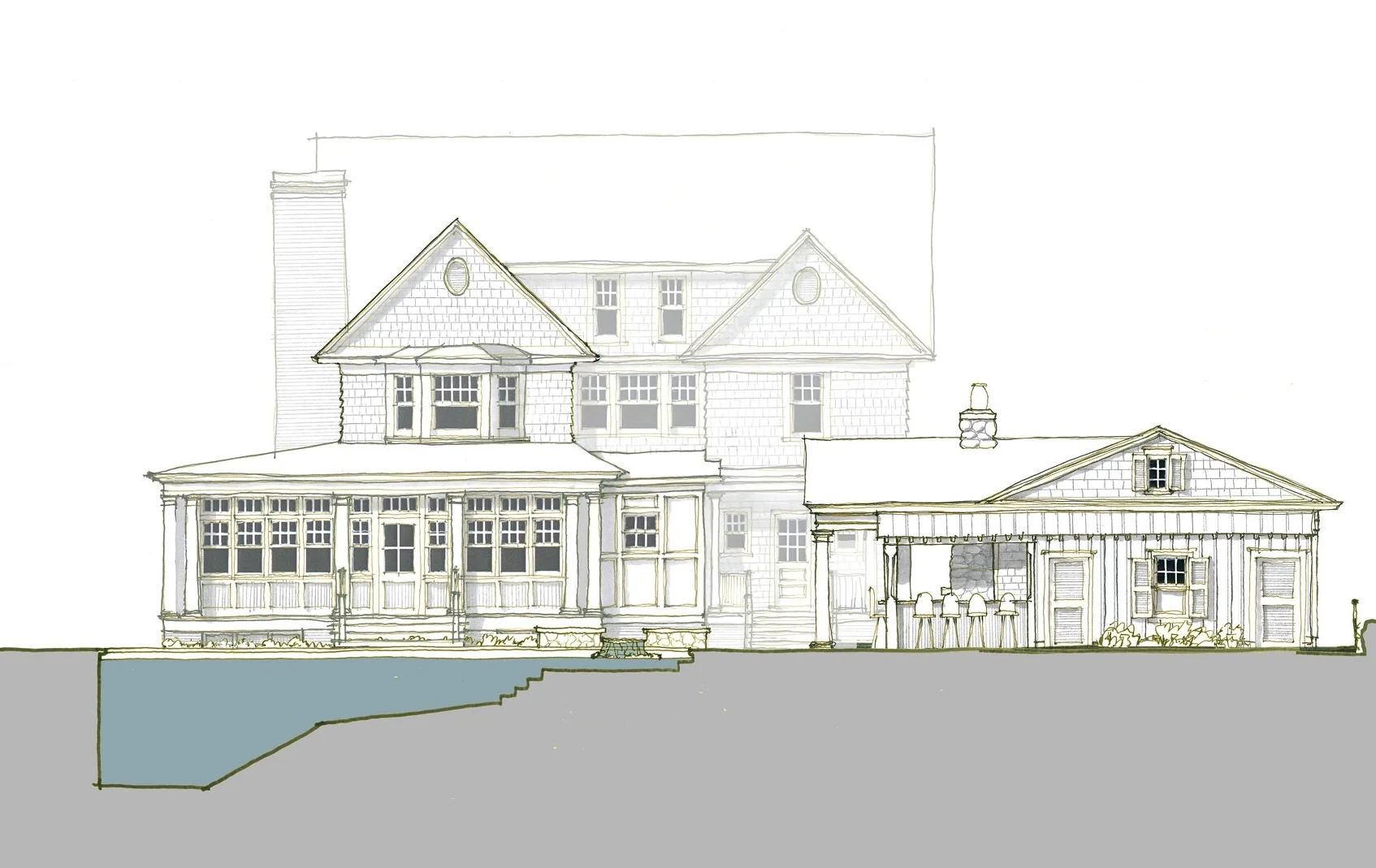 Proposed Design for expanded sun room, new pool and pool house with fireplace and outdoor kitchen. Estimated completion Summer 2018