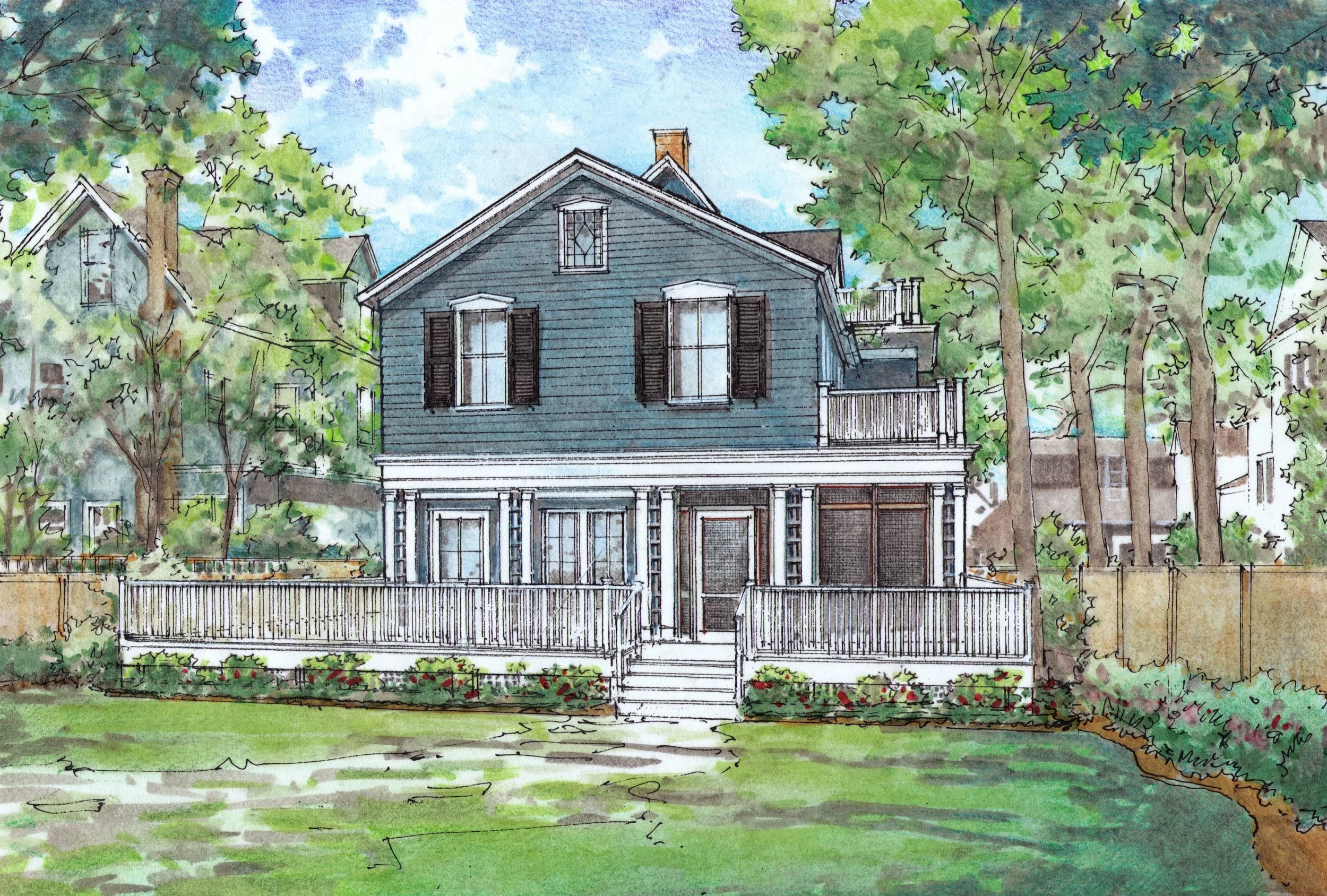 Rear elevation showing expanded deck and screened porch with new master suite above. Estimated completion-- 2018