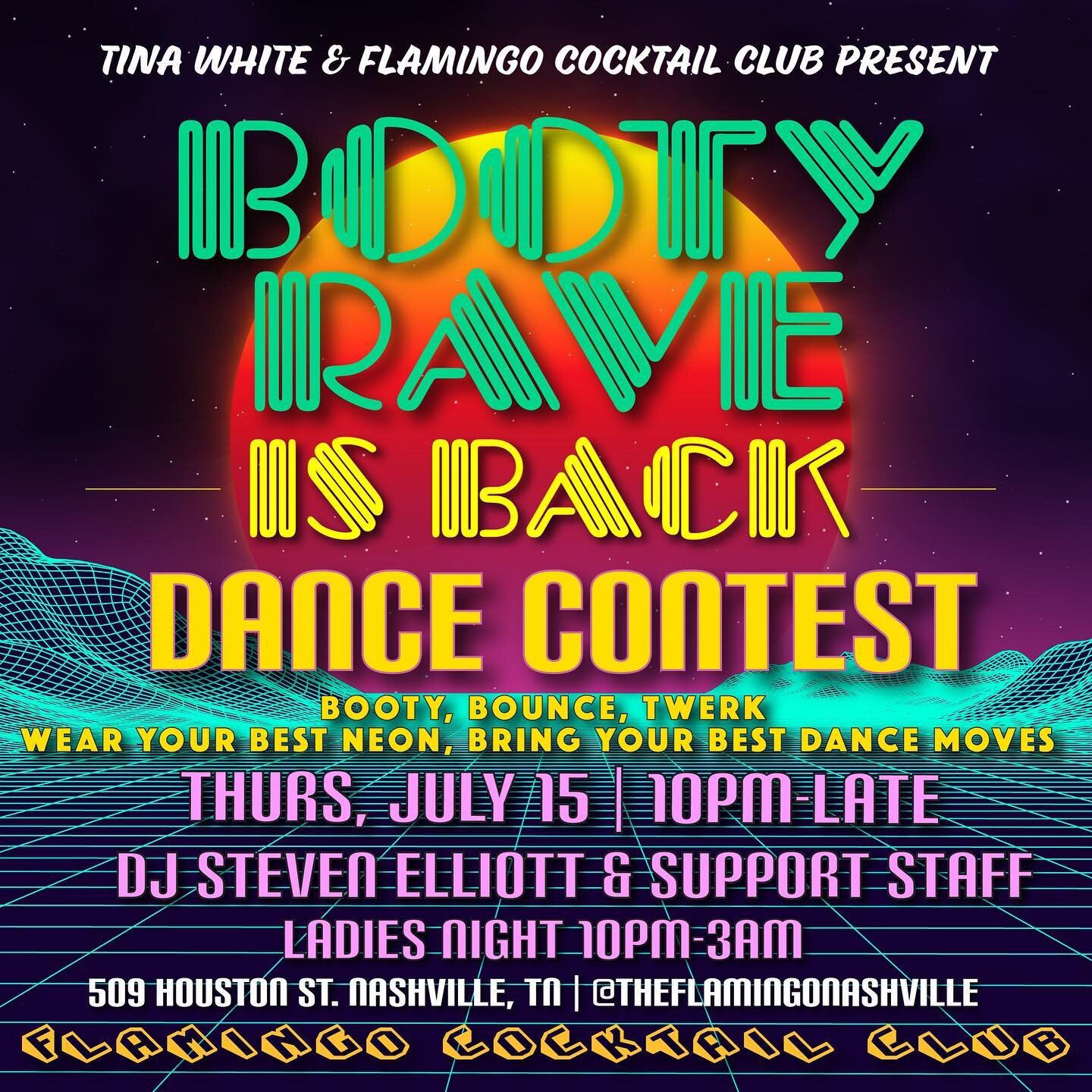 🚨 TONIGHT 7/15 🚨 booty rave is back! 🌈 wear your favorite neon and bring your best dance moves! 
✨ 8:30pm live performance by @phenixredmusic 
✨10pm Booty rave + dance contest hosted by @jackson_thrive &amp; @tina_white_ 
✨10pm Ladies night ! Drin
