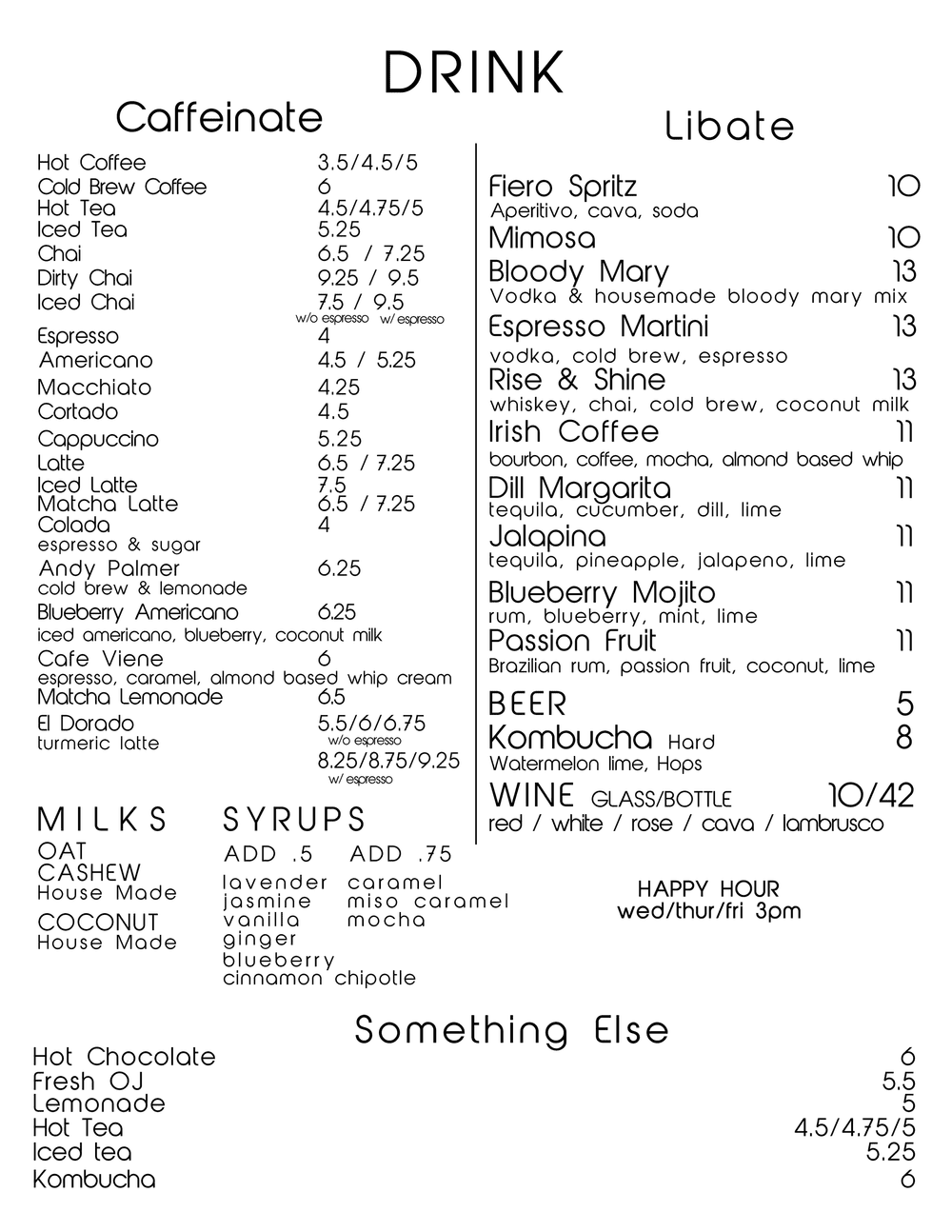 coffee bar menu — Flamingo Food/Cocktails/Dancing