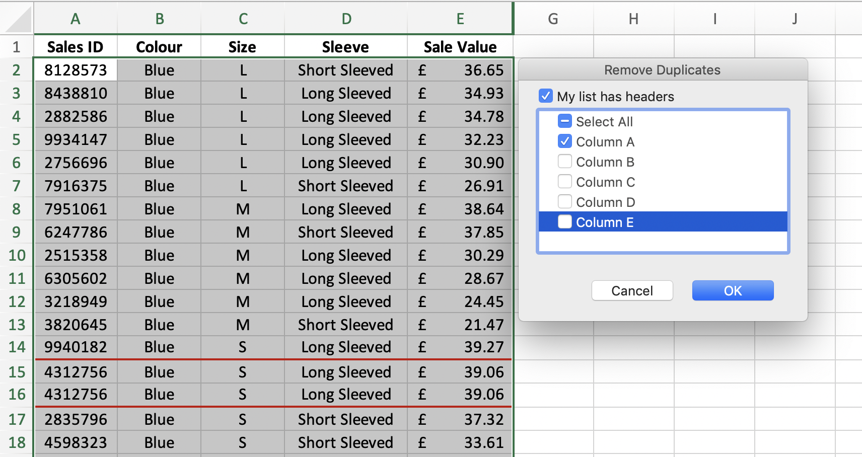 Select one the column that you wish to remove duplicates from