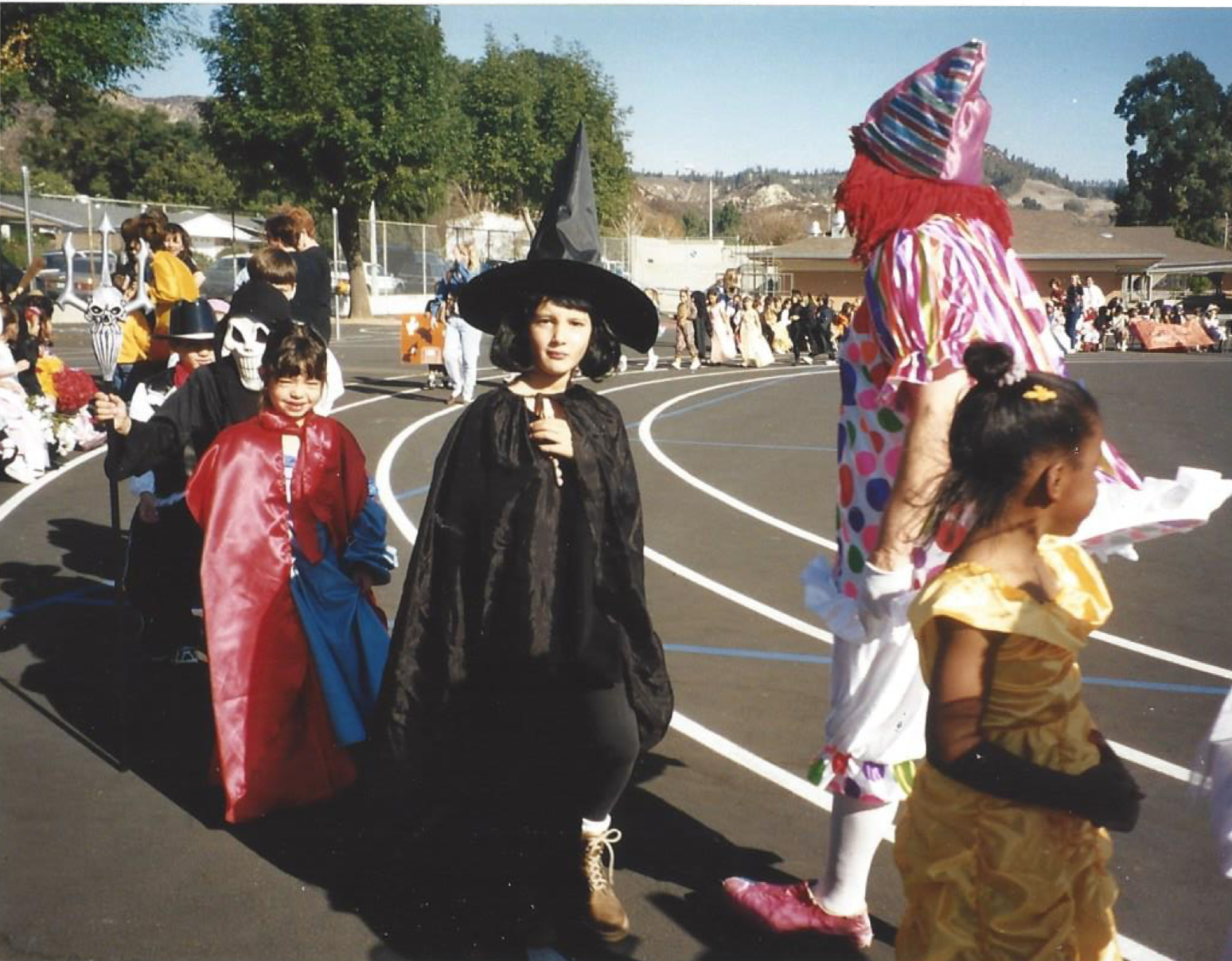 (Me dressed as a witch in 1st grade Halloween parade, 1997)