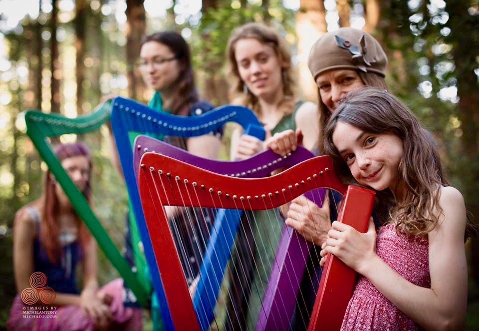 Bay Area Youth Harp Ensemble at a Save the Redwoods event.