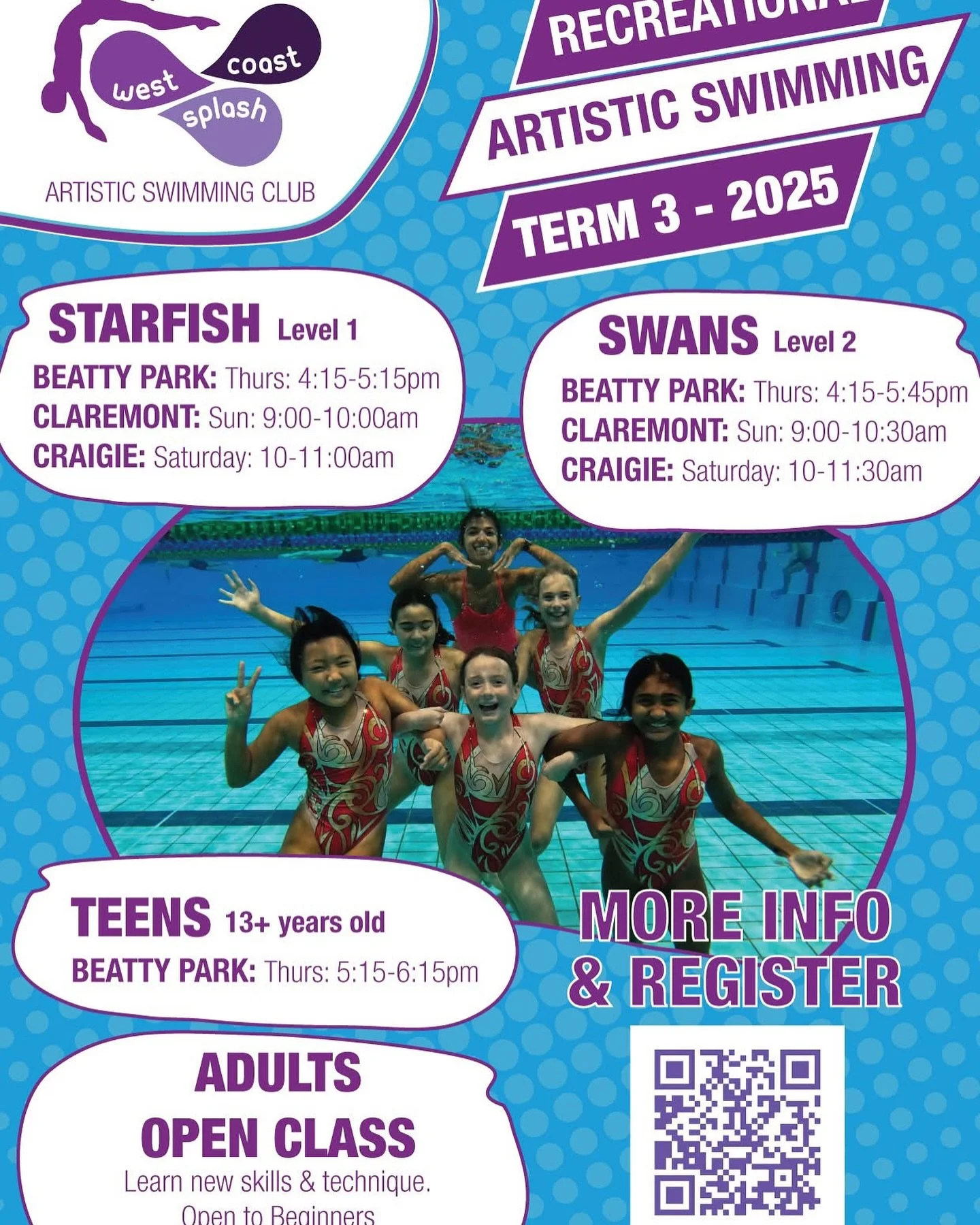 🌊 Make a splash this Term 3! 🌊
𝗥𝗲𝗰𝗿𝗲𝗮𝘁𝗶𝗼𝗻 𝗖𝗹𝗮𝘀𝘀 𝗥𝗲𝗴𝗶𝘀𝘁𝗿𝗮𝘁𝗶𝗼𝗻𝘀 𝗮𝗿𝗲 𝗢𝗣𝗘𝗡 𝗳𝗼𝗿 𝗧𝗲𝗿𝗺 𝟯! 

Whether you&rsquo;re a water-loving kid or an adult looking to try something graceful and fun, we have a class for you.
