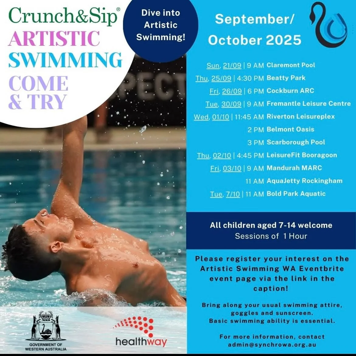 💜COME &amp; TRY Artistic Swimming 💜
Looking for something new these school holidays? Join us for a FREE session supported by Crunch&amp;Sip Healthway and Artistic Swimming WA.
No experience needed, however, confidence in the water is essential.

Re