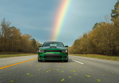 Green car driving on a forest road with a rainbow overhead and scattered shamrocks on the road.