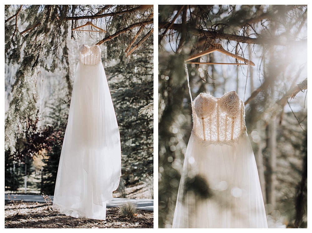 Mountain Wedding Photography in Vail Colorado | Destination Wedding Photographer Los Angeles, Wedding Dress Hanging shot