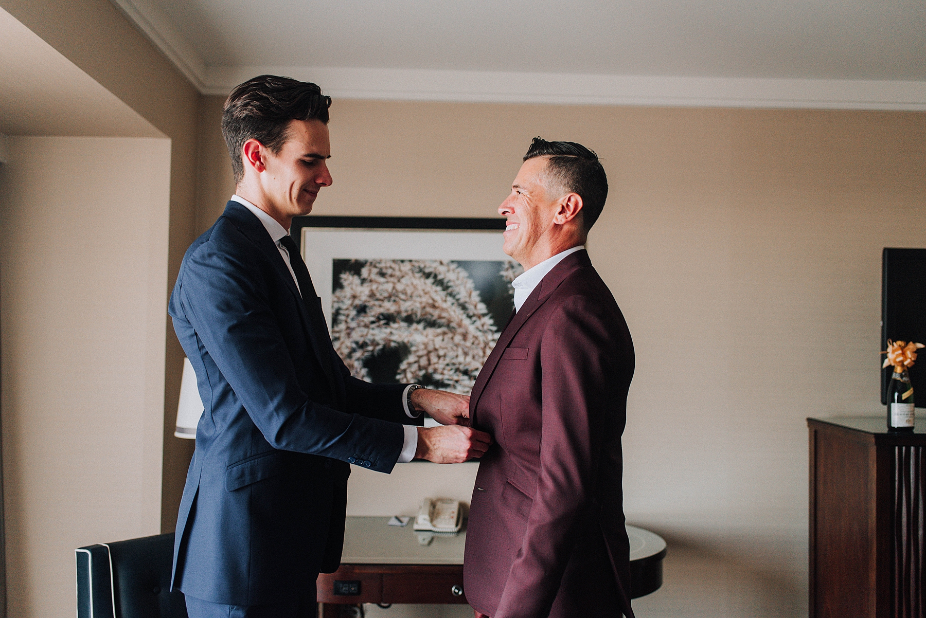 Groom and Son getting ready, Omni Hotel Downtown Los Angeles. Los Angeles Wedding Photographer
