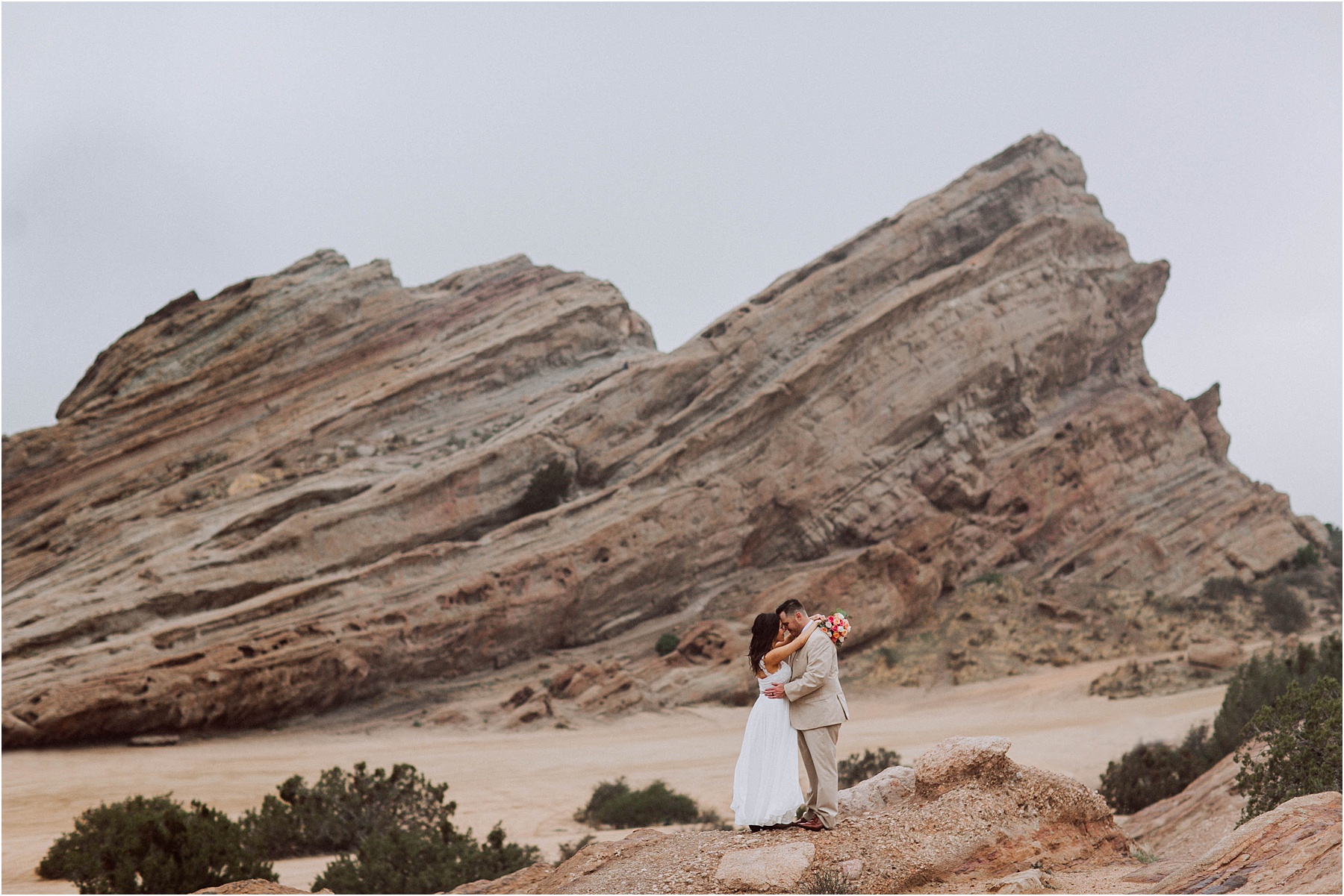 Vasquez Rocks Intimate Wedding & Elopement Photography - Bride & Groom Portraits in the rain