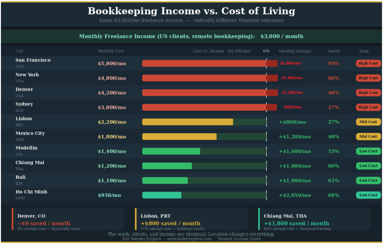 cost chart showing high cost-of-living vs low cost-of-living countries and how much a bookkeeper would save by living in a different country while working remotely