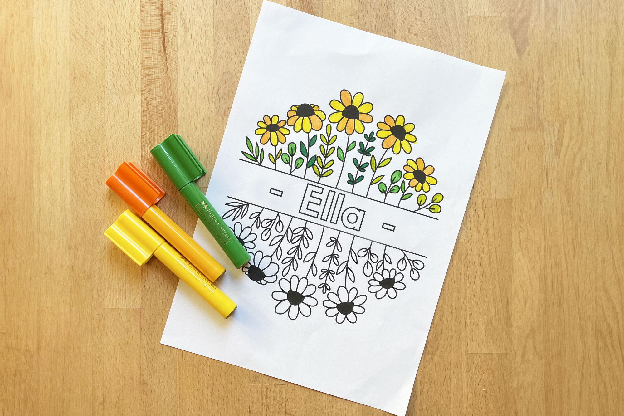 personalized coloring sheet with flowers for the name ella