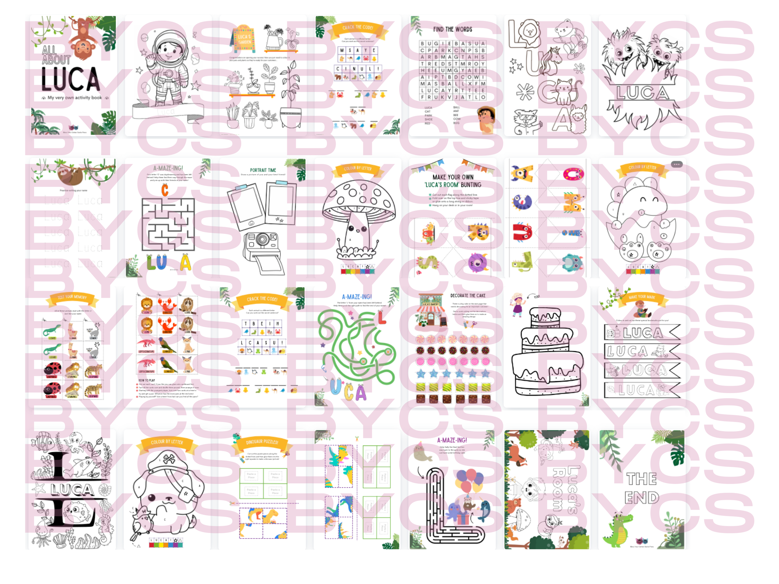 list of pages in a digital dowload of luca activity book