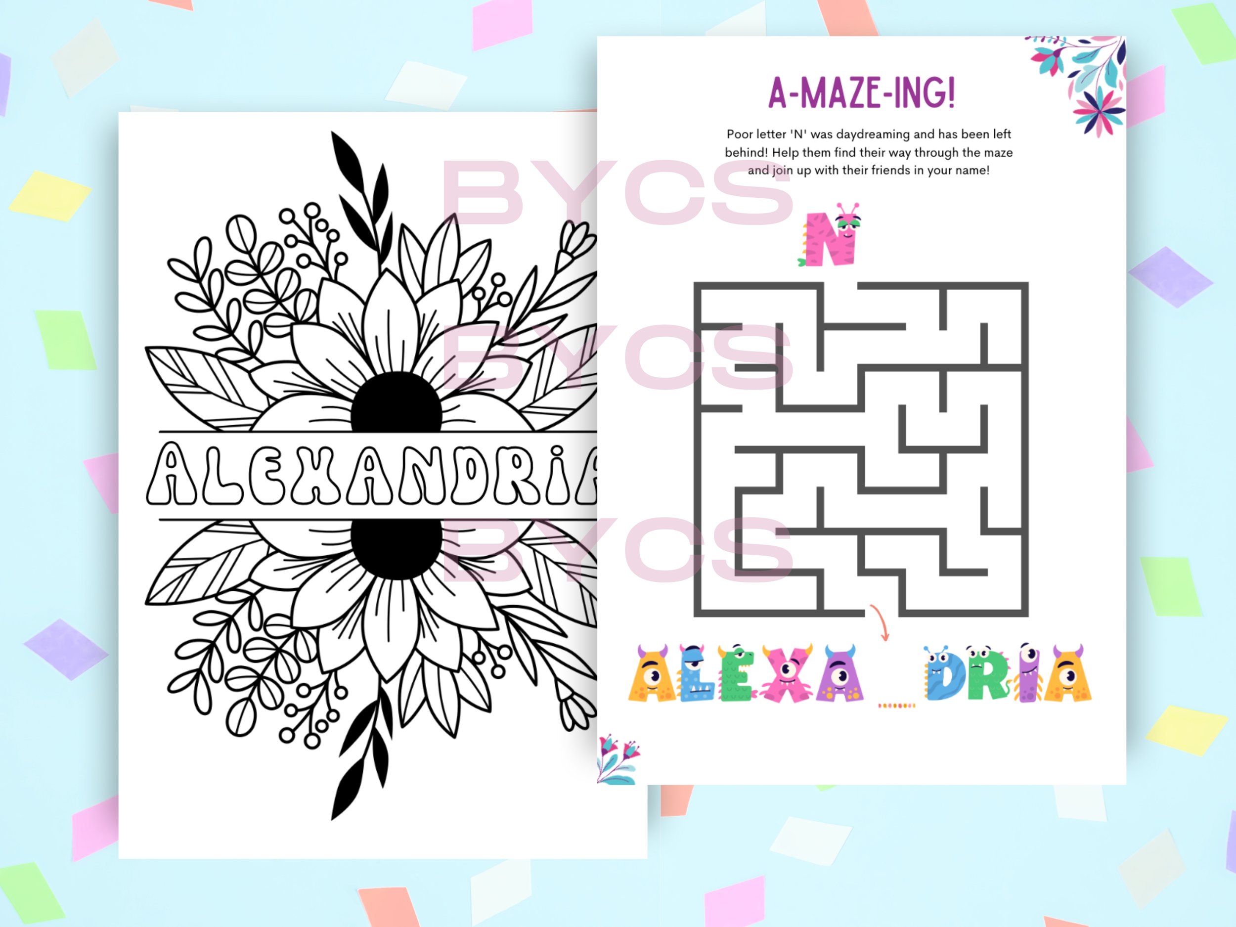 A personalised activity book for a child named Alexandria