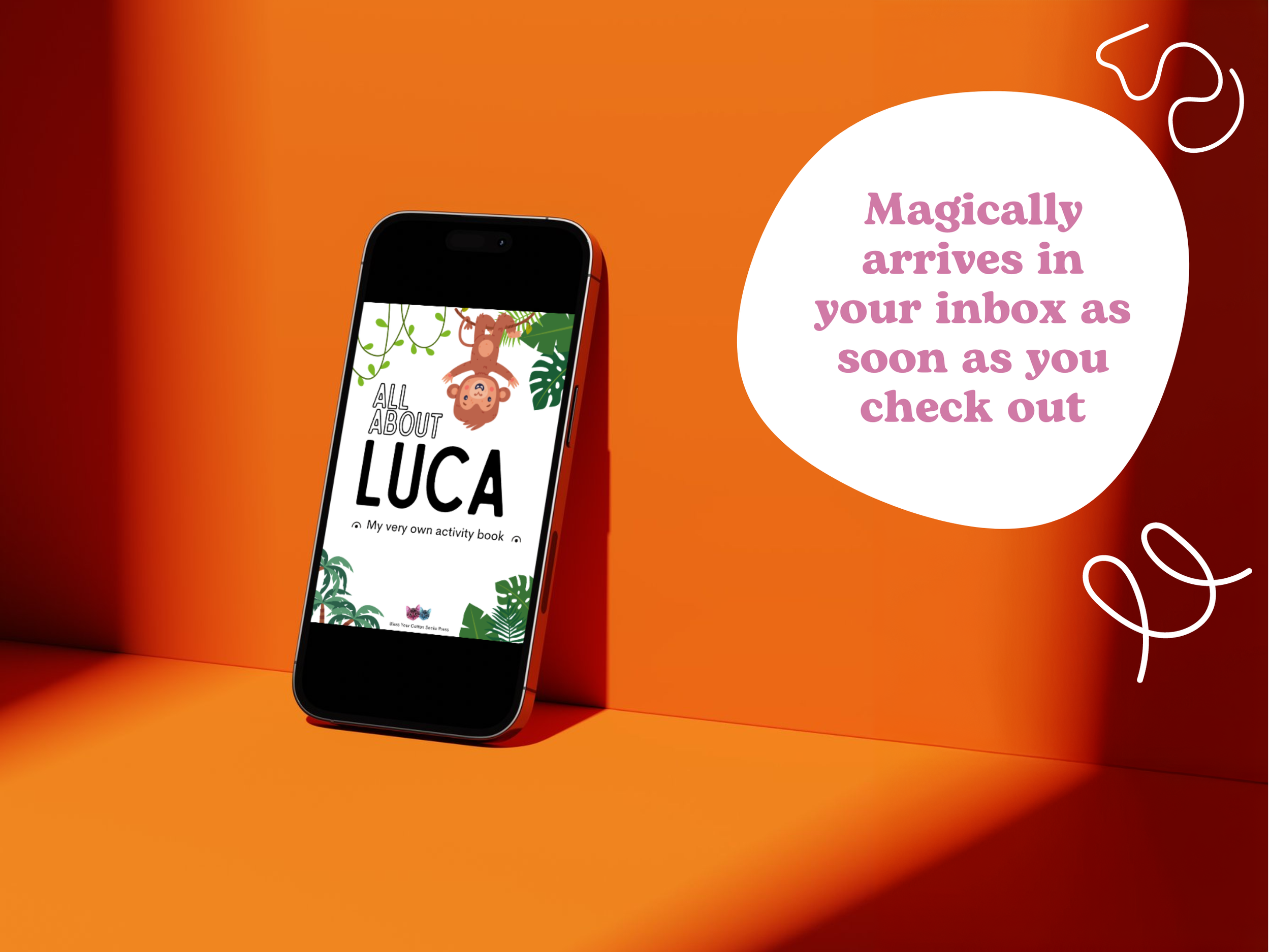 luca activity book title page with monkey digital download on phone