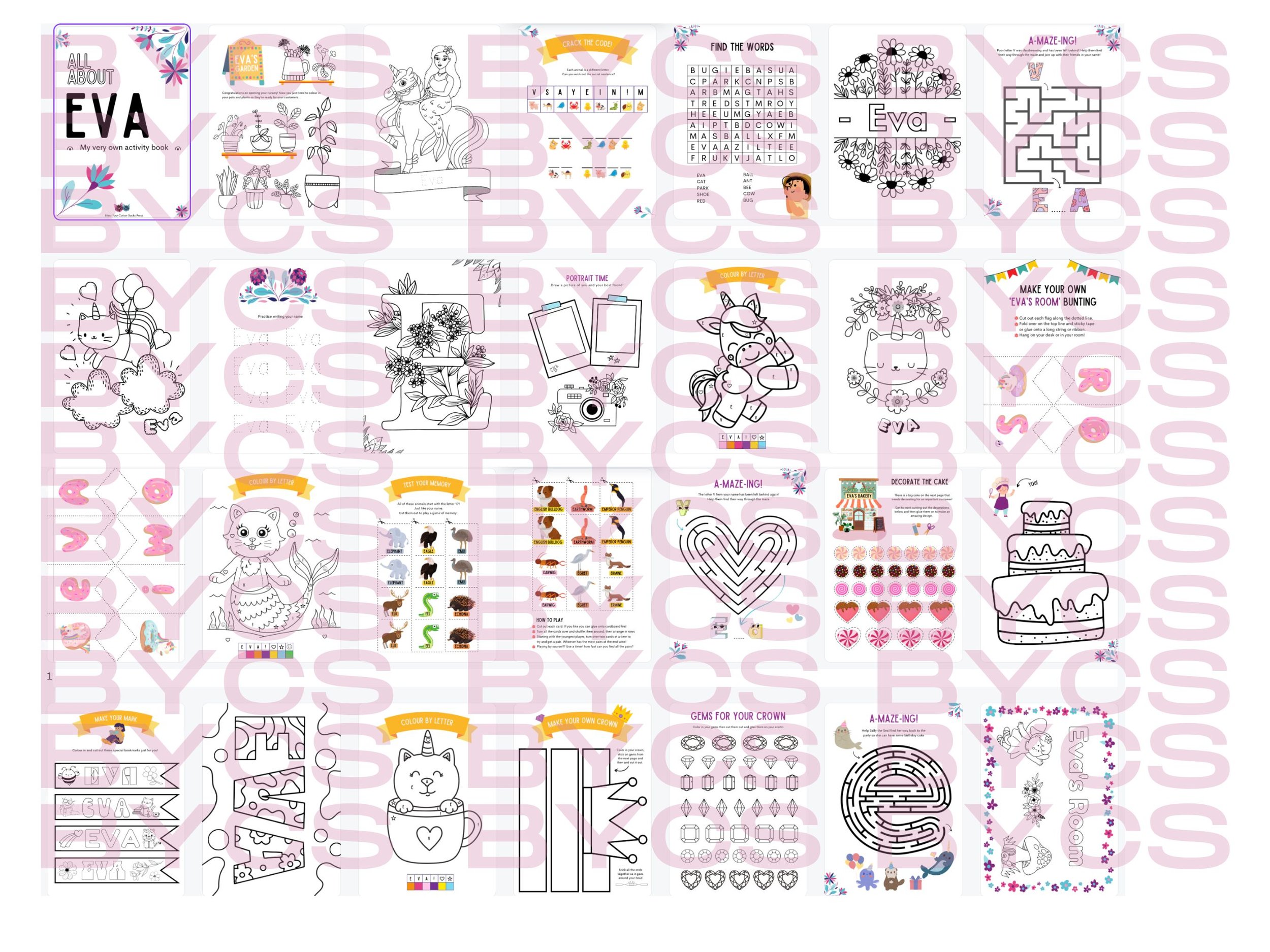 custom digital activity book for child named Eva personalised educational puzzle homeschool bundle instant download