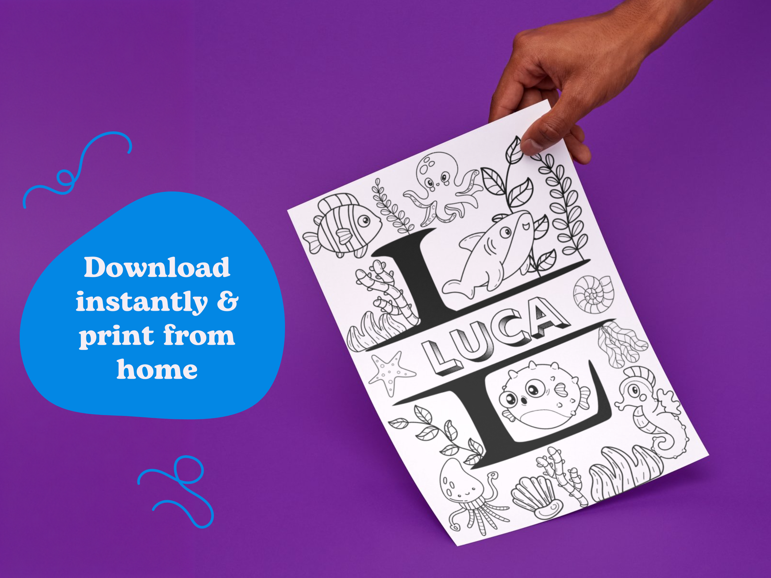 under the sea colouring in page personalised to the name luca