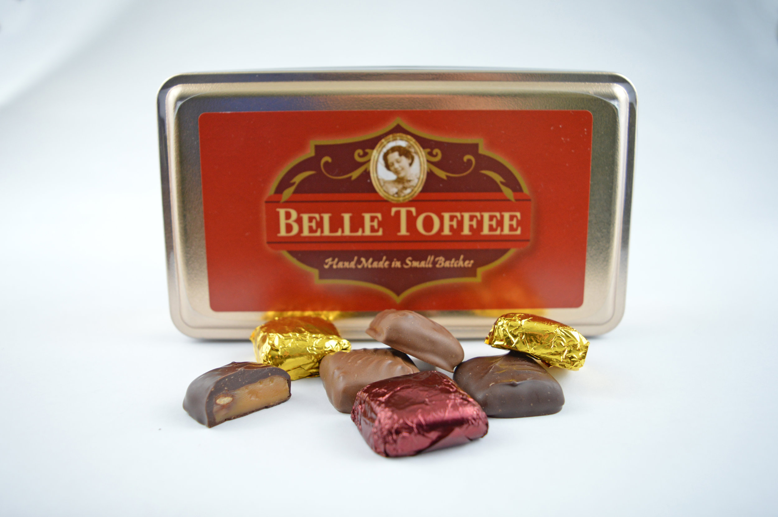 Tin of foil wrapped Belle Toffee