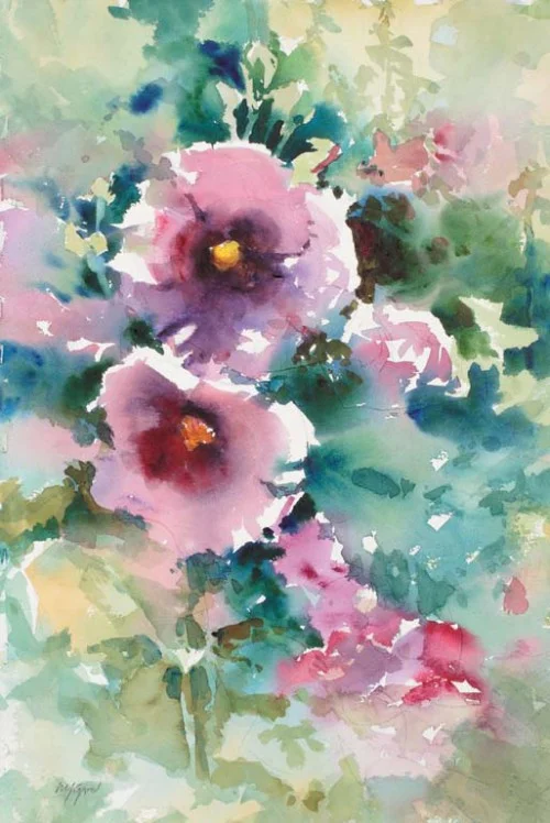 Sunlit Hollyhocks