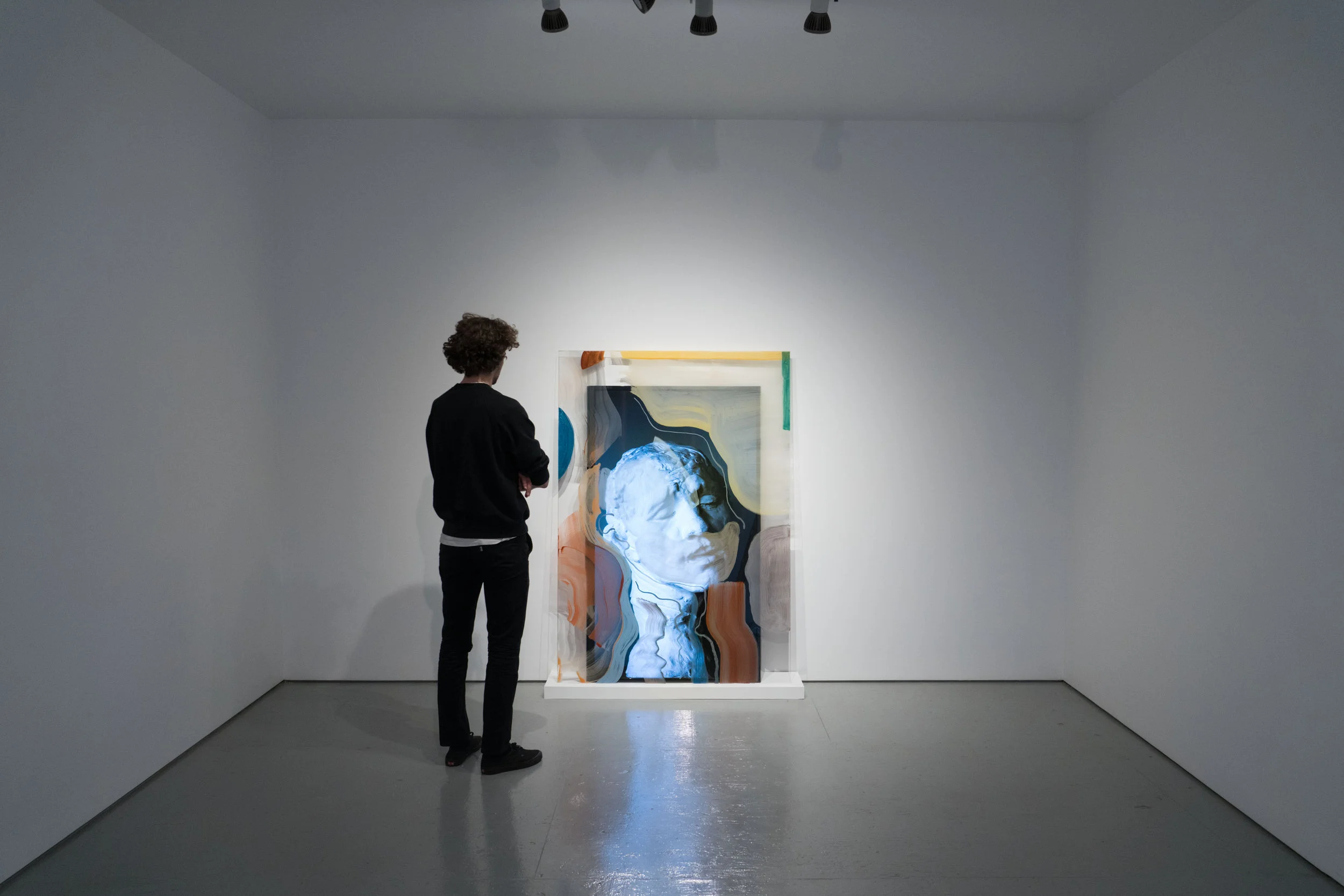 Rodin Reworked 2 2018, 4k video, 5 min 02s. 70” screen with 70” x 49” hand-painted glass panel