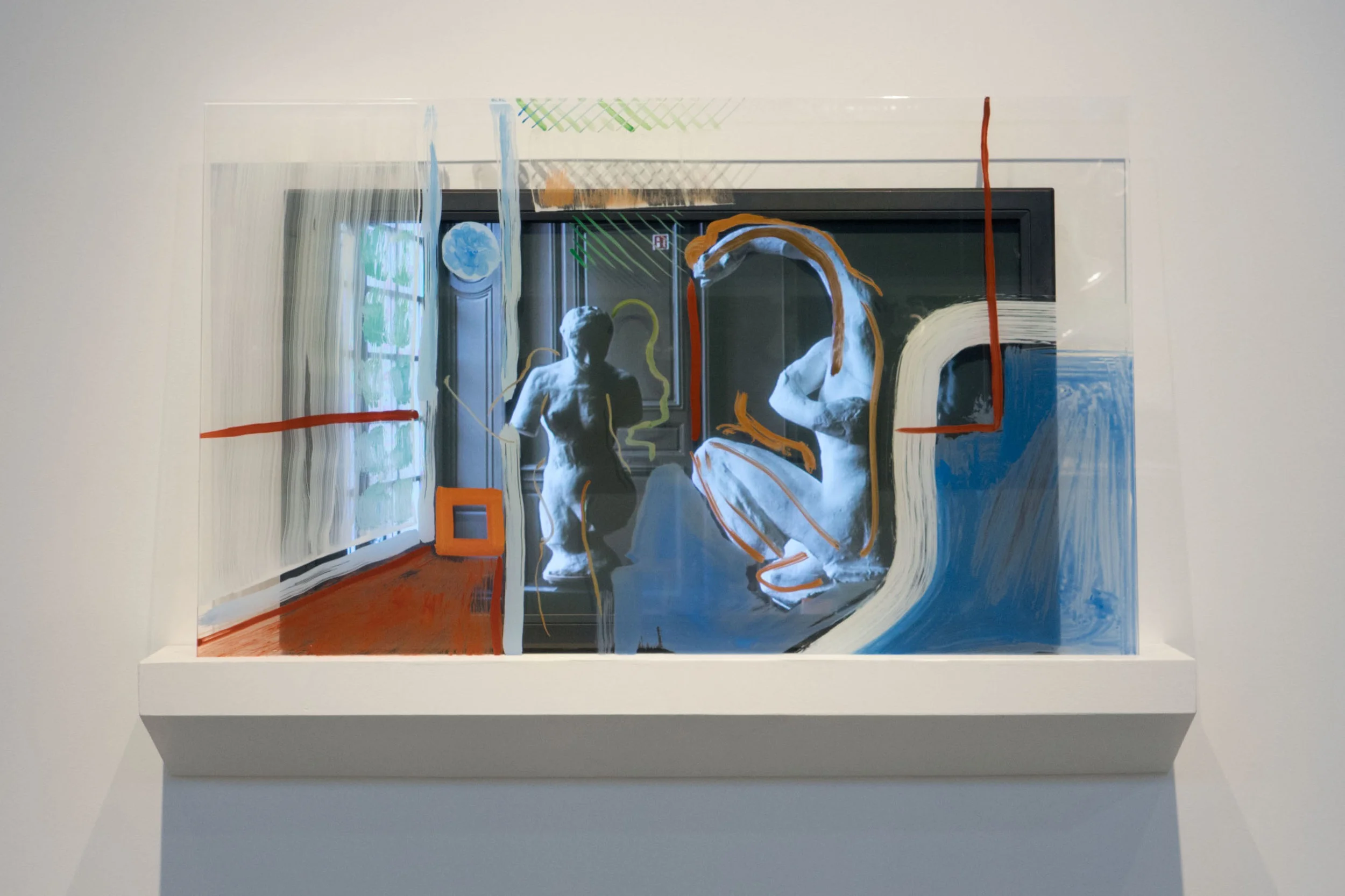 Rodin Reworked 1 2018, 4k video, 6 min 12s. 42” screen with 32” x 45” hand-painted glass panel