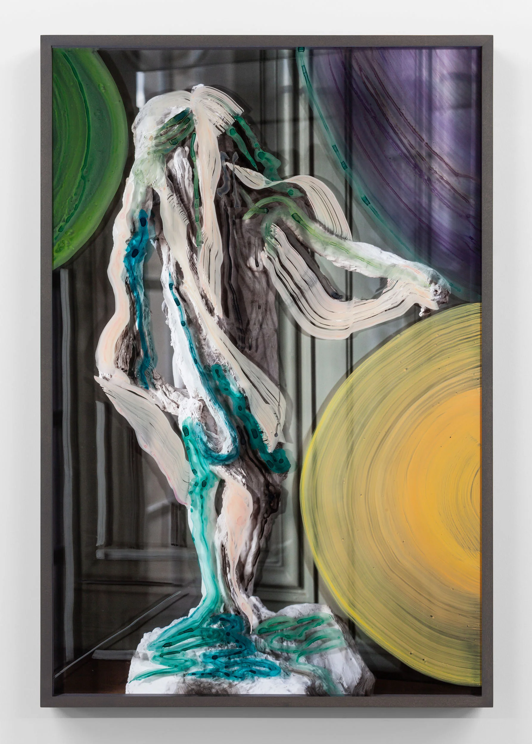 Unitlted (Woman with rags and yellow and green orbs) 2019, hand-painted museum acrylic over archival pigment print 91.5 x 61 cm / 36 x 24 in. Unique work