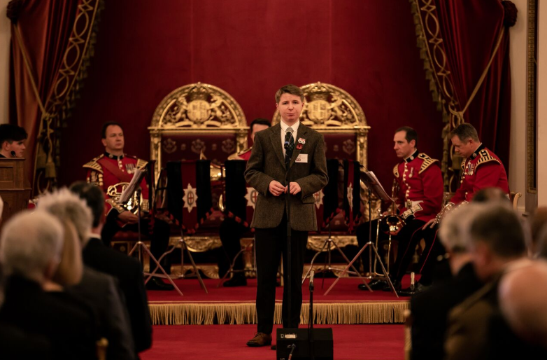 Hamish Scott reads his First World War poem at Buckingham Palace