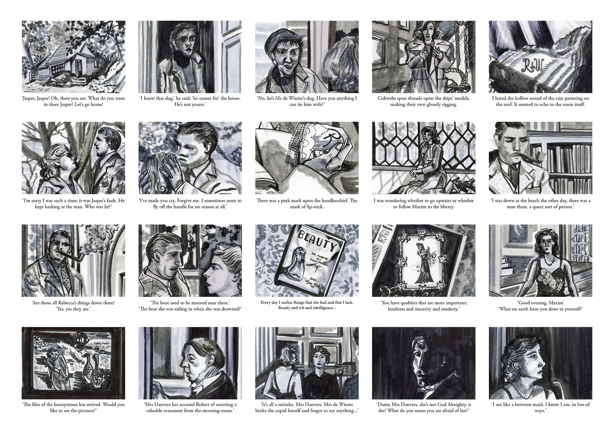 A series of black and white illustrations with text captions depicting scenes from Rebecca. The scenes include conversations and emotional expressions among the characters.