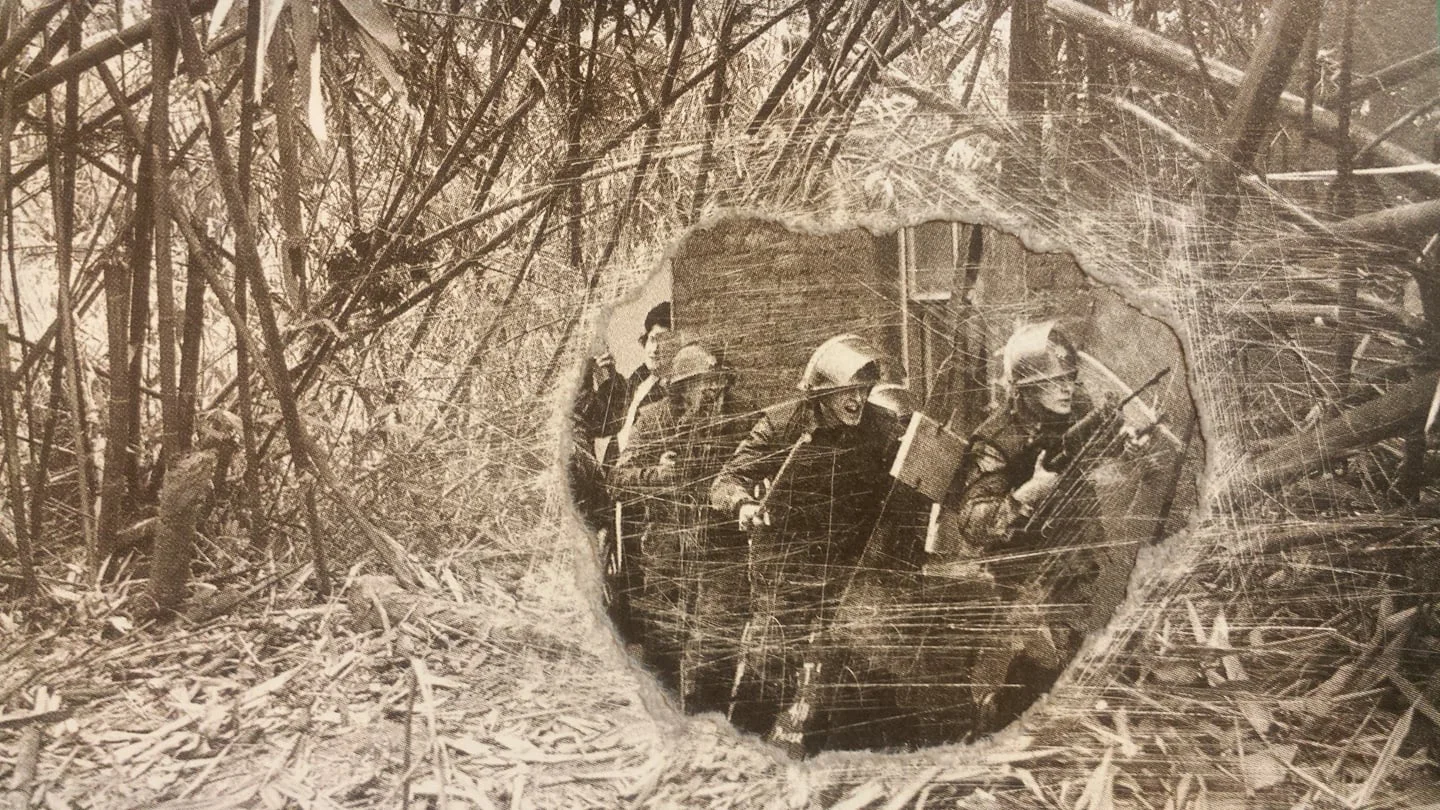 View through a hole in a fence or barrier into a wooded area where three police officers with helmets and body armor are seen with weapons and equipment. Illustration, collage, Emma Reynard