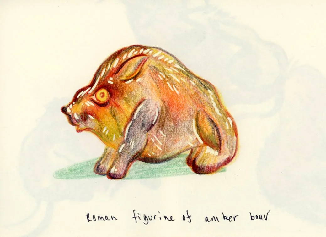 A colored drawing of a Roman-style amber figurine of a boar with detailed shading and a handwritten note beneath that says, "Roman figurine of amber boar."