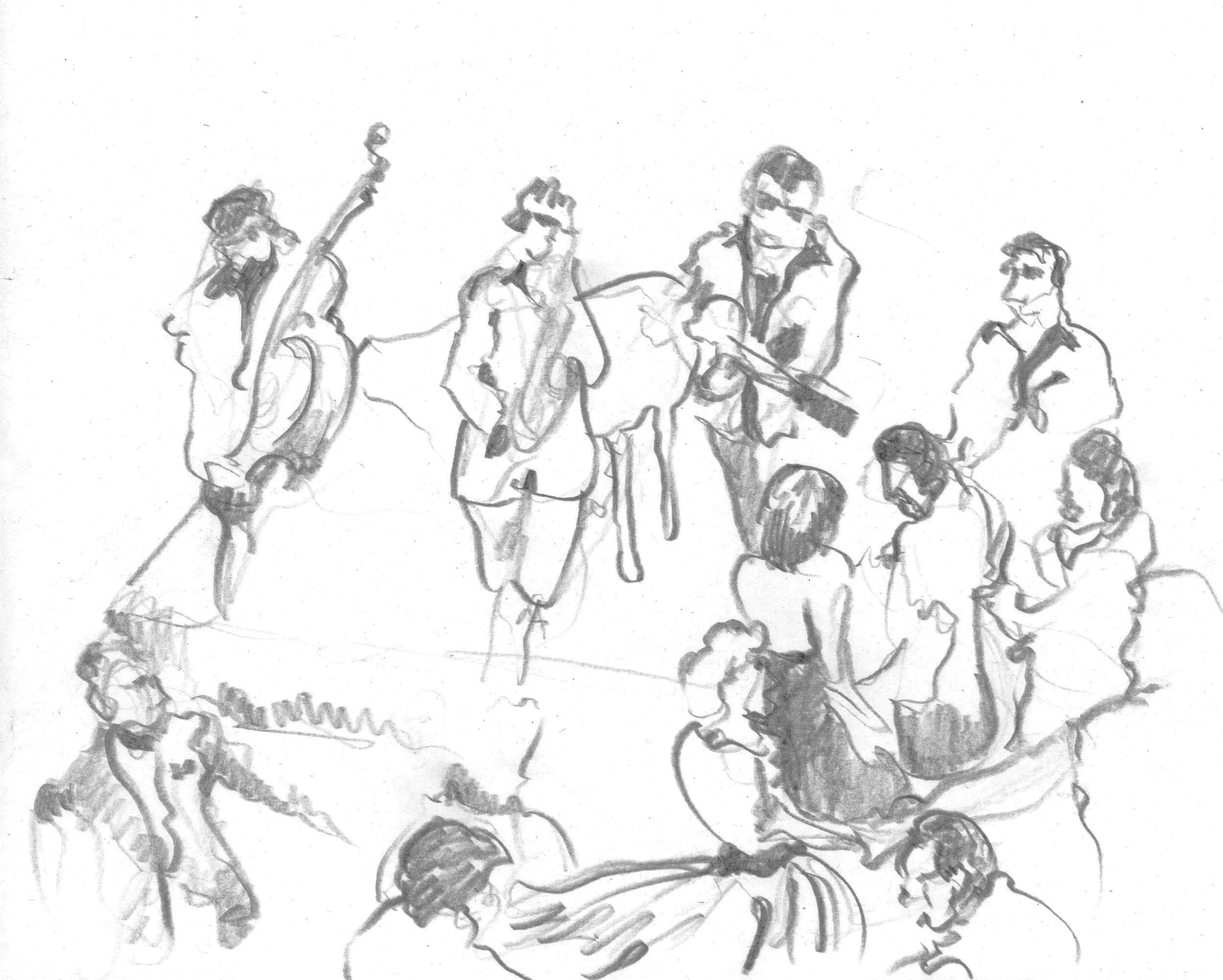 Sketch of a jazz band performing, with musicians playing saxophone, guitar, and drums, and a group of people sitting and listening.