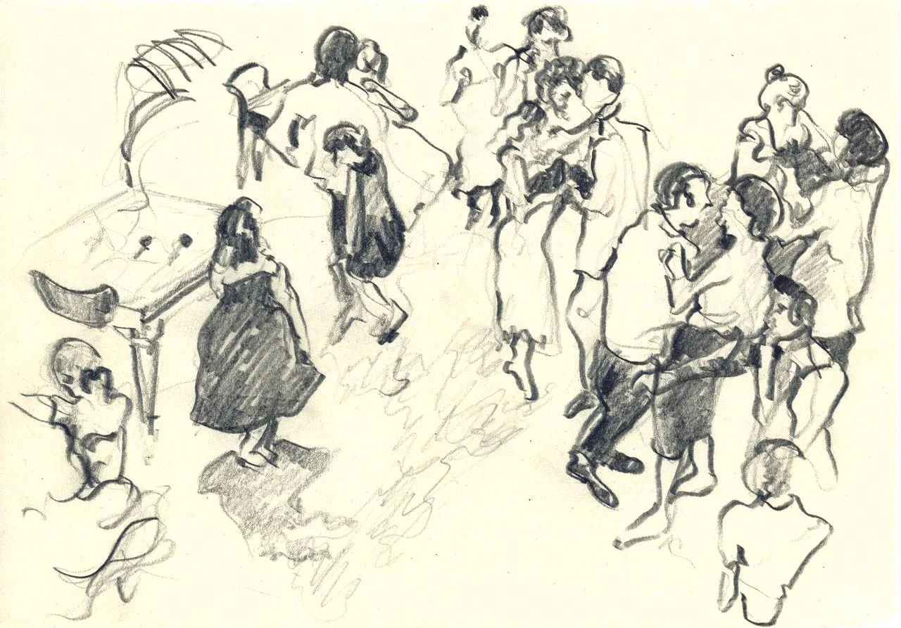 Hand-drawn sketch of people socializing at a gathering, with some standing and others sitting, engaged in conversations or looking around.