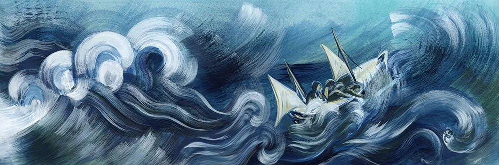 Painting of The James Caird caught in a storm with turbulent waves and dark skies. The small, lifeboat famously used by Sir Ernest Shackleton and five companions for an epic 800-mile open-sea rescue voyage from Elephant Island to South Georgia