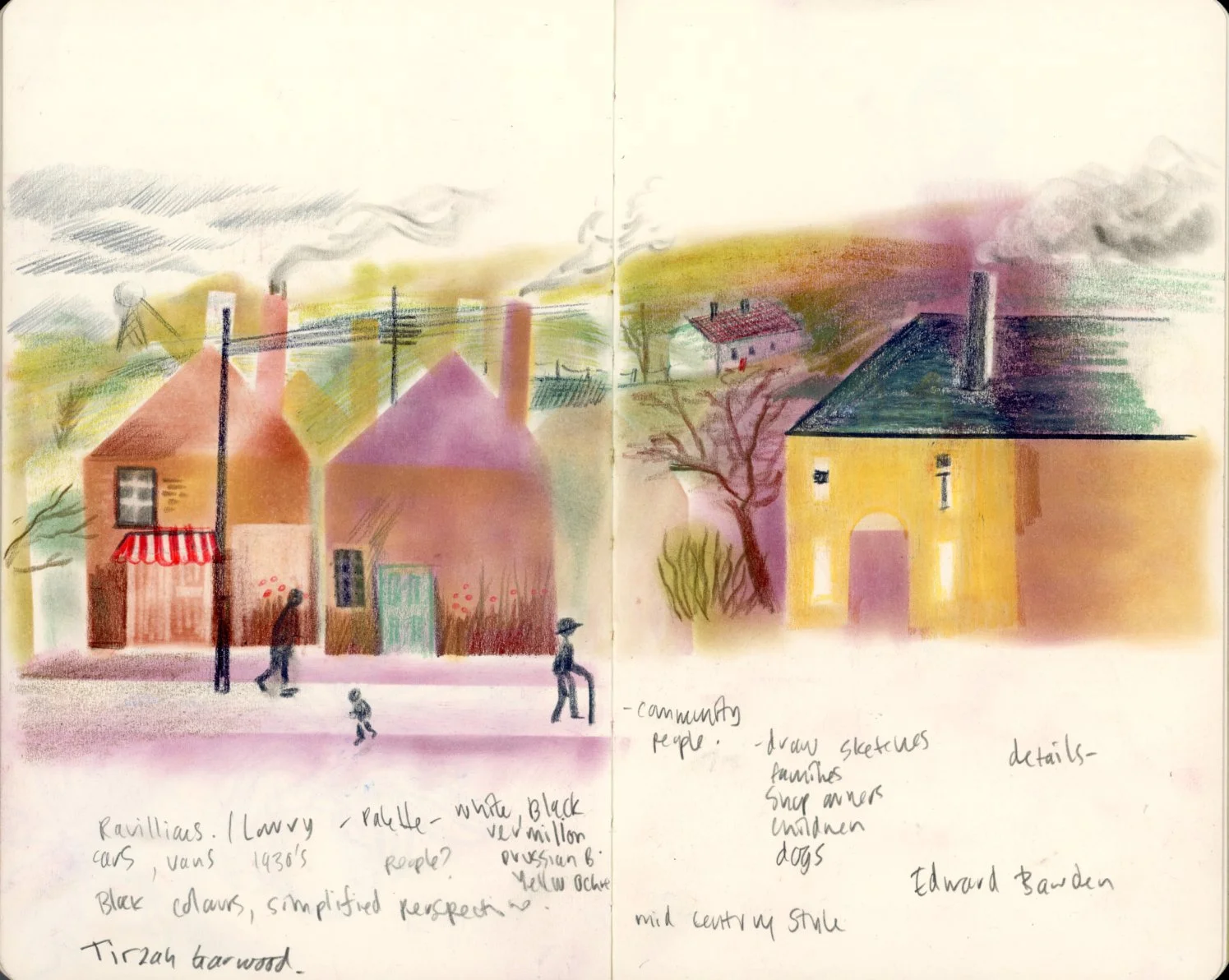 sketch of a small village scene with colorful houses, trees, and a hill in the background. Pencil notes describe the scene as inspired by 1930s vernacular architecture, influenced by the mid-century style, with mentions of community, sketching, and d