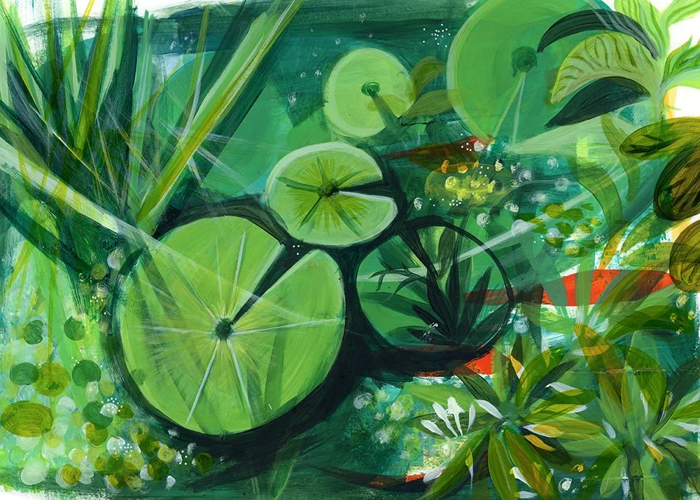 Abstract acrylic painting of a pond with green lily pads, leaves, and aquatic plants. Illustrating gardens and botanics.