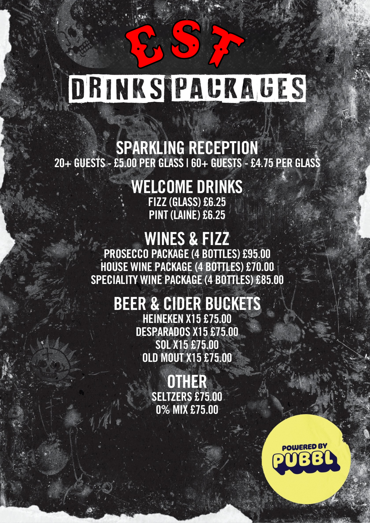 Black chalkboard-style menu with red and white lettering offering drinks packages, welcome drinks, wines, fizz, beers, ciders, and other beverages, powered by PUBBL.