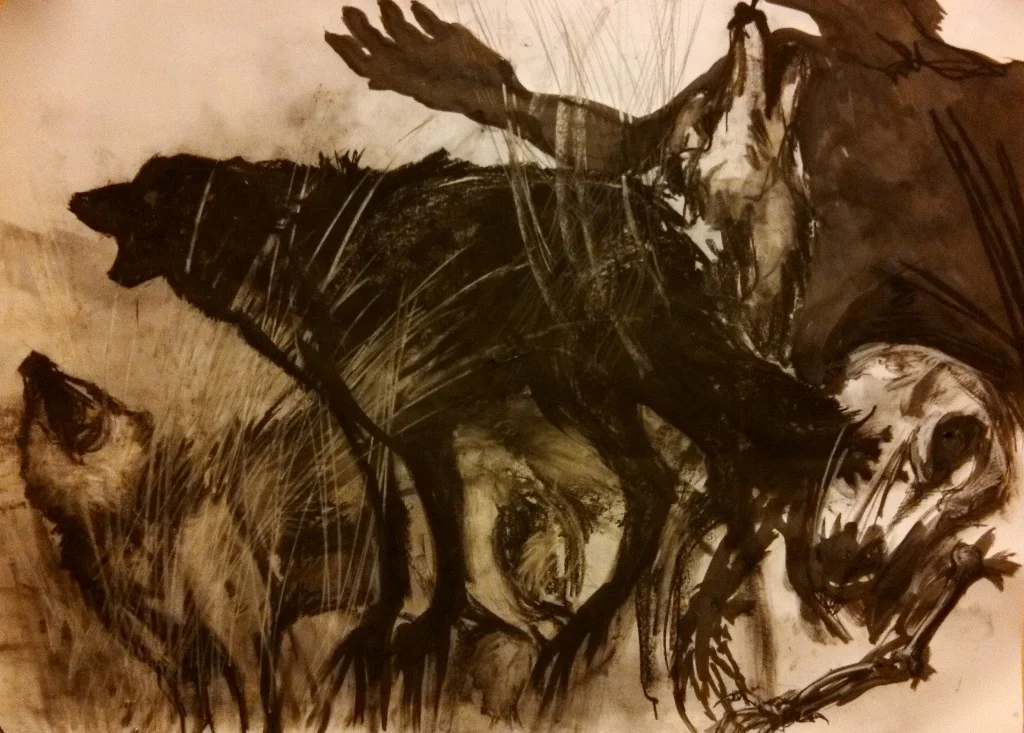 If Francis Bacon had Wolves. Charcoal and ink. 3' x 4'