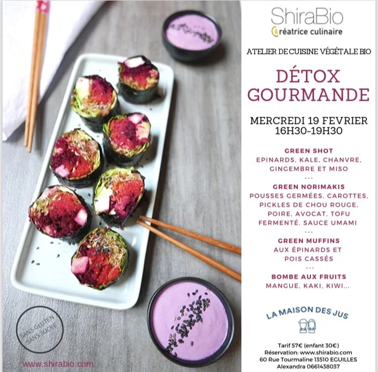 Atelier culinaire, sans gluten, détox gourmande, sans sucre, animé par Shira