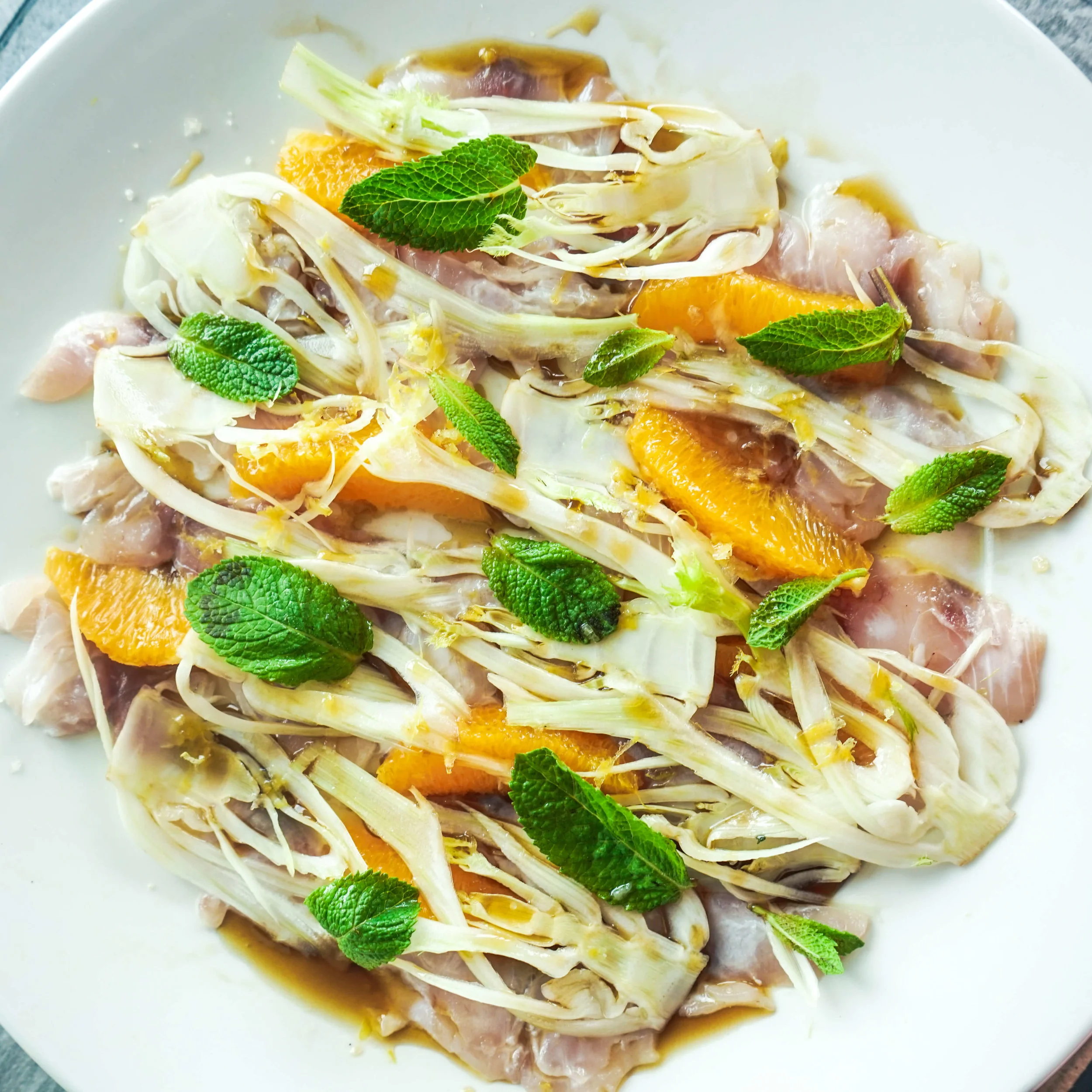Black sea bream crudo, orange, fennel mint and Lavazza coffee oil — Billy and Jack