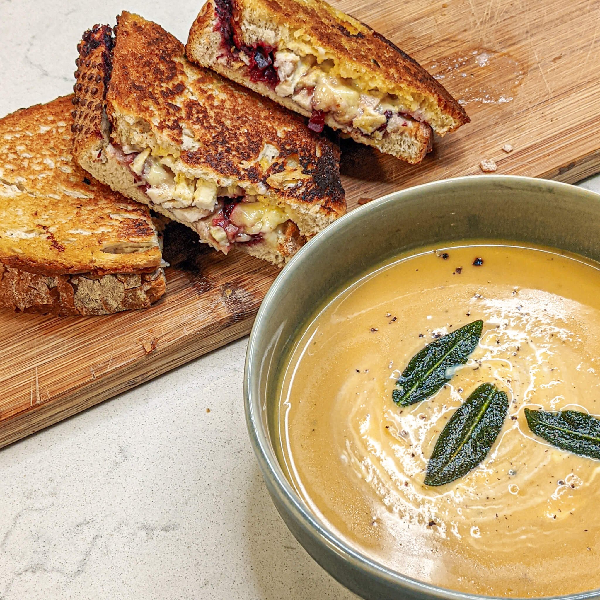 Butternut squash and apple soup with cheesy chicken toasties