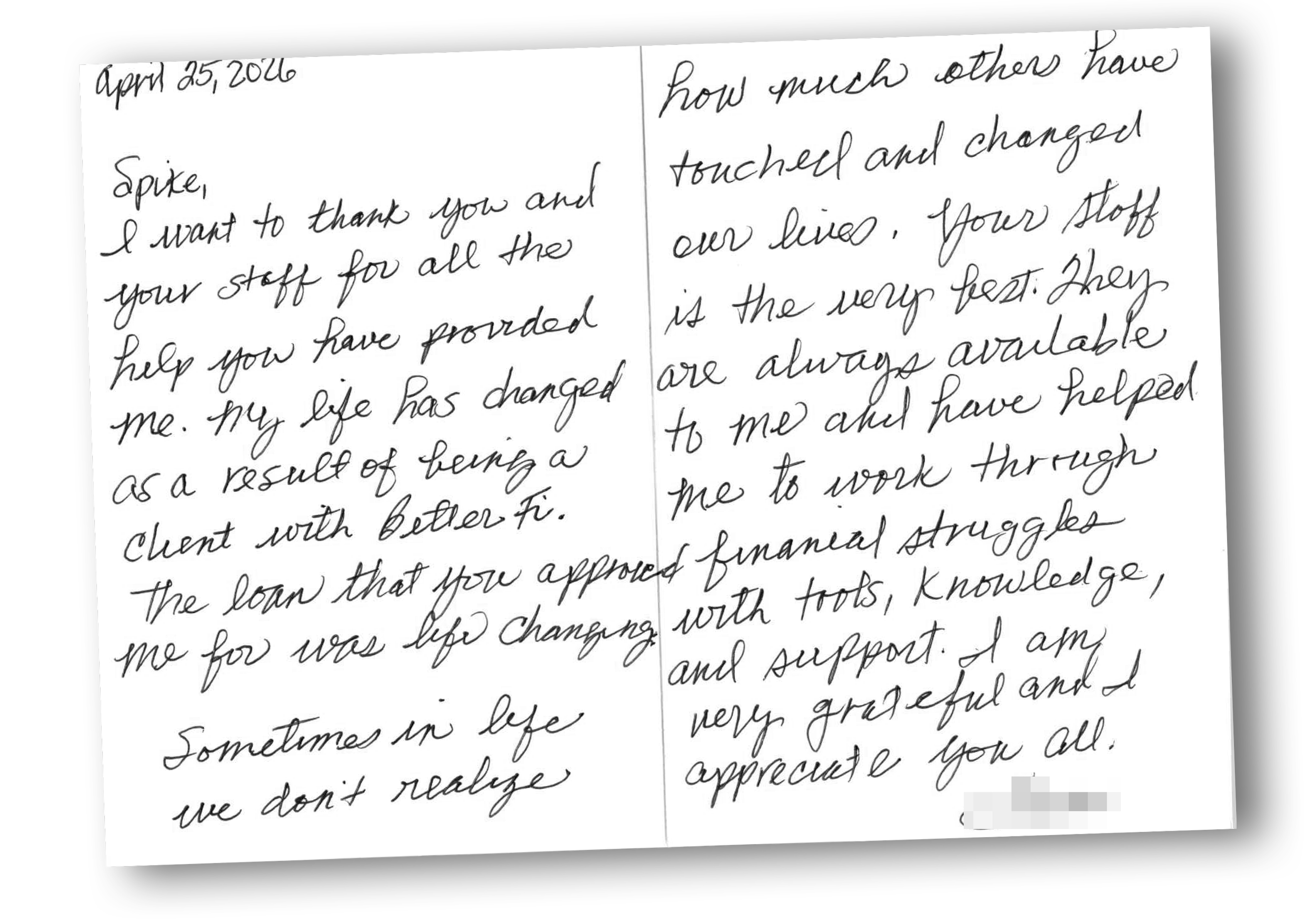A nice note that BetterFi received from one of our clients