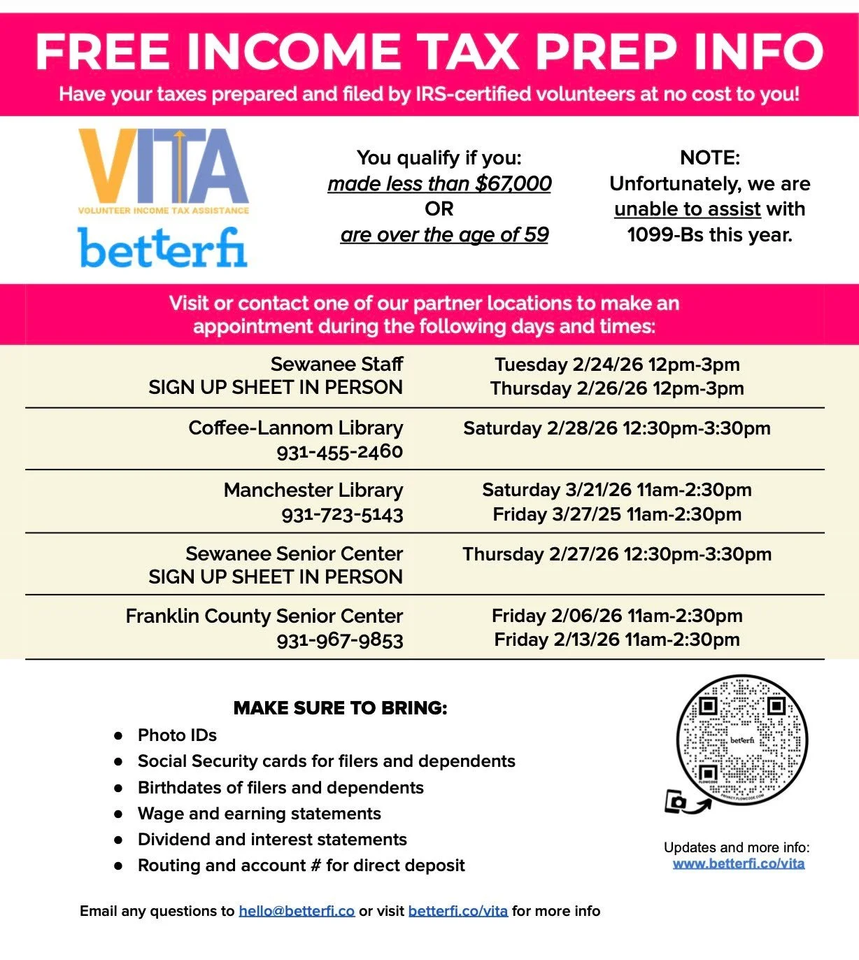 It's tax season!

Contact one of our partner locations for a timeslot during one of our tax sessions.

Info about tax appointments at our Coalmont office or with nearby tax sites available at our website:

👉  https://www.betterfi.co/vita