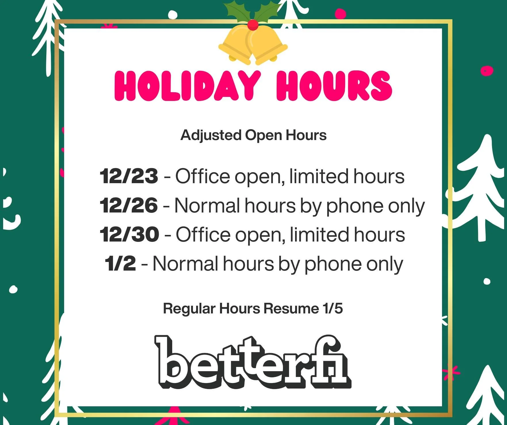 Our staff will be taking some time off over the holidays, but we will still be reachable during limited hours in our Chattanooga office and by phone. 

As always, leave a message if we don't answer and we will get back to you as quickly as possible.

