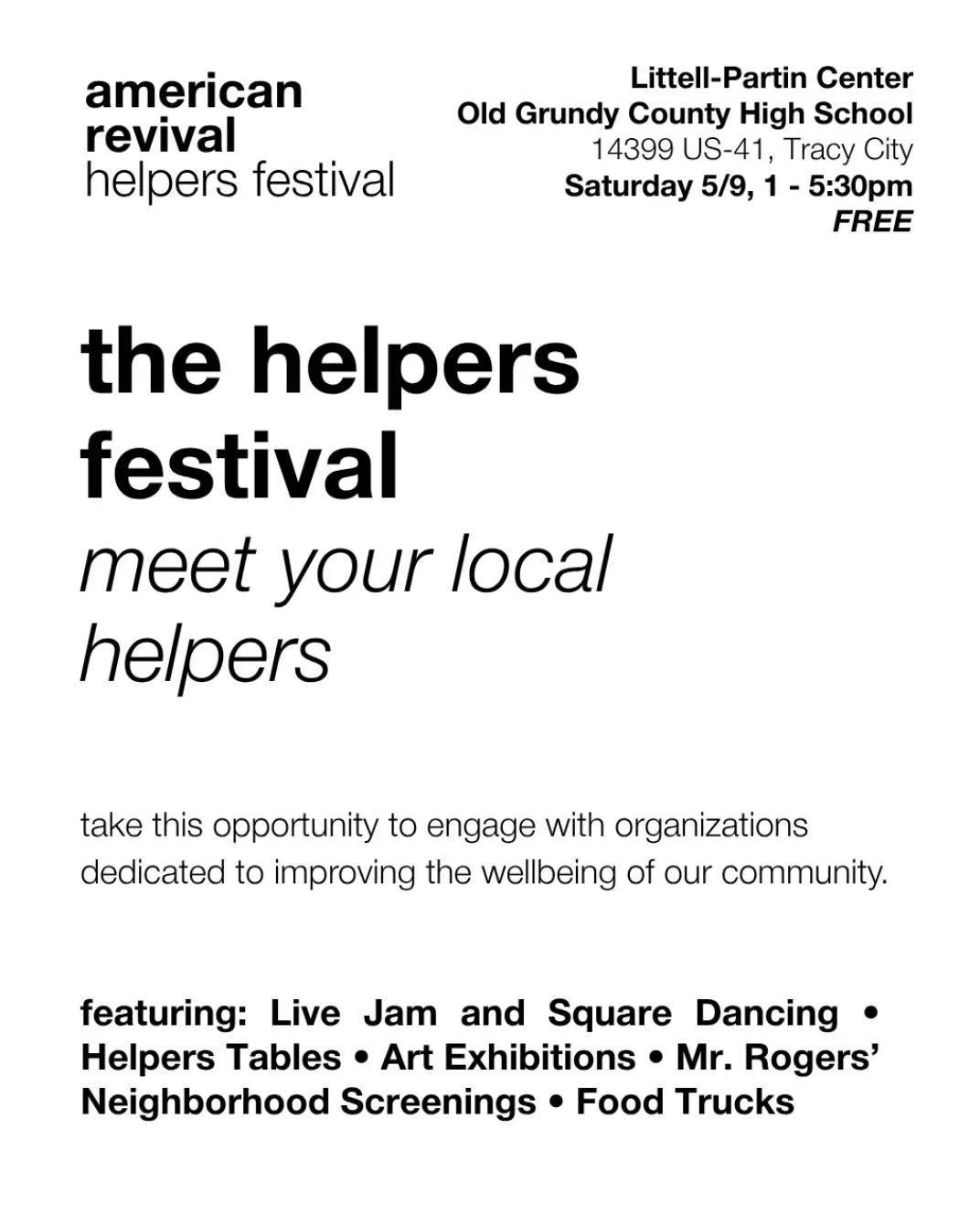 See you at American Revival's Helper's Festival tomorrow!

⏰ Starts at 1 pm on Saturday, May 9th
📍Littell Partin Center / old high school in Tracy City

Come learn about organizations active in Grundy, explore how you can get involved, and enjoy som