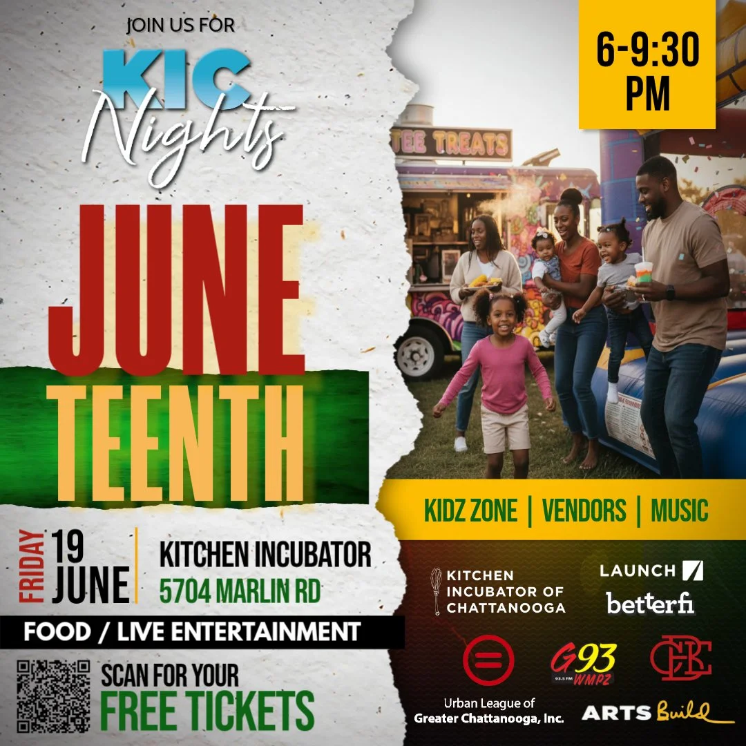 See you tomorrow evening at the Juneteenth celebration!

📍 @kitchenincchatt
⏰ 6 - 9:30pm

Join @launchcha , @ulchatt , @chatt__businesselite, @artsbuild, @wmpzg93 and BetterFi for: 

🚚 12+ food trucks
👜 20+ small businesses
📖 10+ educational vend