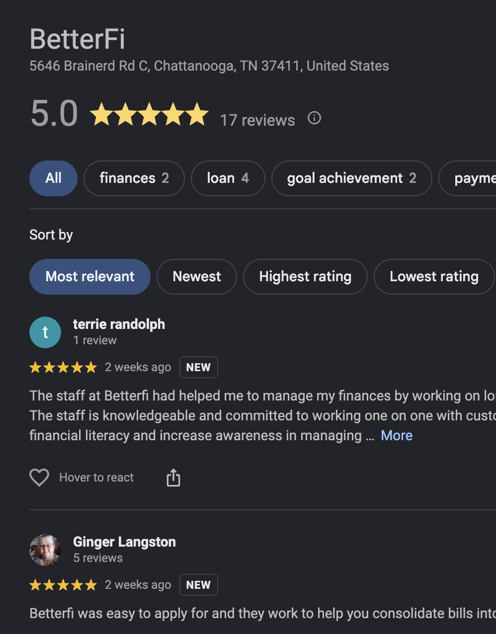 A screenshot of BetterFi's 5 star Google rating and some positive reviews