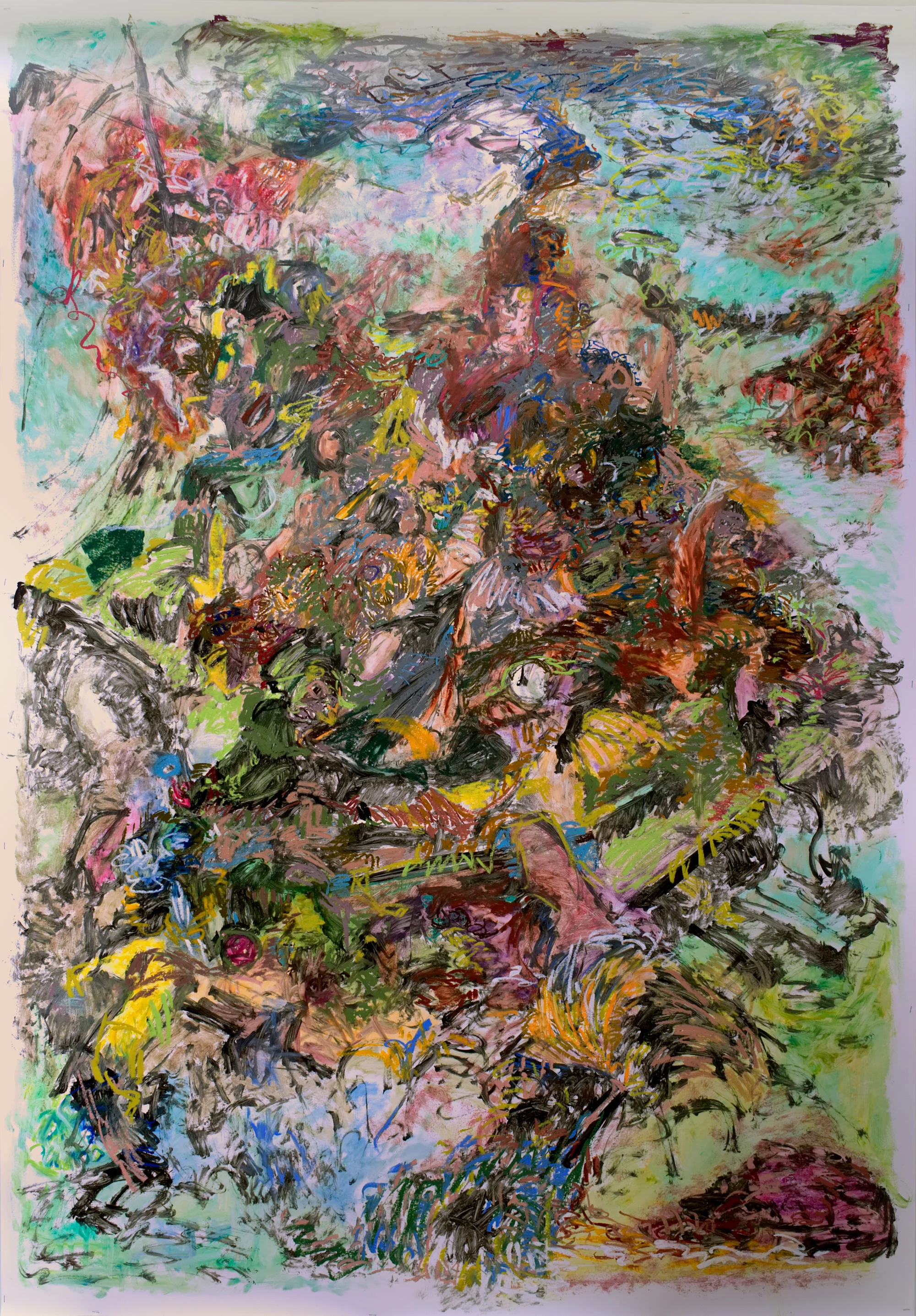 Salto Mortale 2018, Mixed Media on Yupo, 60” x 86” “Salto Mortale” means a dangerous and daring jump with possibly lethal outcome. It reflects my feeling while painting the chaos -- like walking the tightrope between visual dynamics and pandemonium. It also records my summer experience in a residency in Norway where I jumped into the deep cold sea to learn how to swim. The structure of this painting is based on Géricault's "The Raft of the Medusa". “Salto Mortale” means a dangerous and daring jump with possibly lethal outcome. It reflects my feeling while painting the chaos -- like walking the tightrope between visual dynamics and pandemonium. It also records my summer experience in a residency in Norway where I jumped into the deep cold sea to learn how to swim.