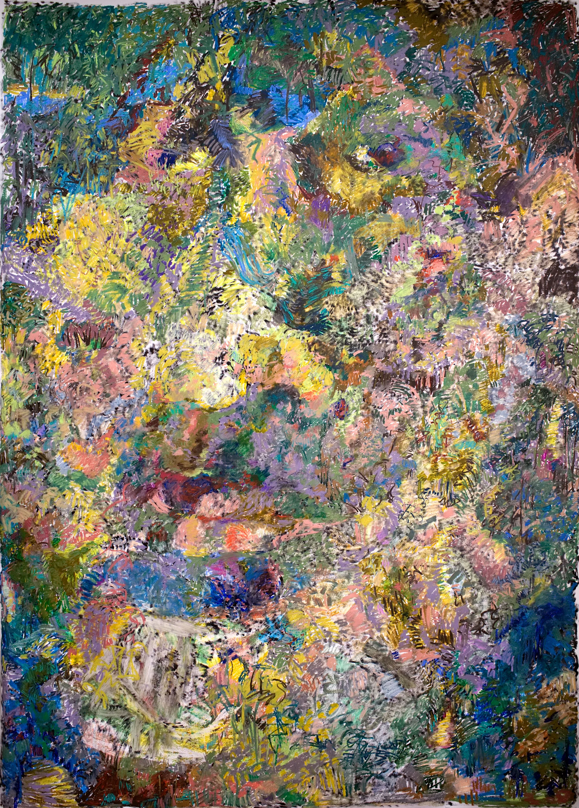 “Connoisseur of Chaos” 2017-2018, Mixed Media on Yupo , 60” x 86” A self-portrait from direct observation, also based on the structures of self-portrait paintings by Da Vinci, Rembrandt, Cezanne, and Picasso. This painting is as well an experiment in breaking the boundary between genres (landscape and portraiture).