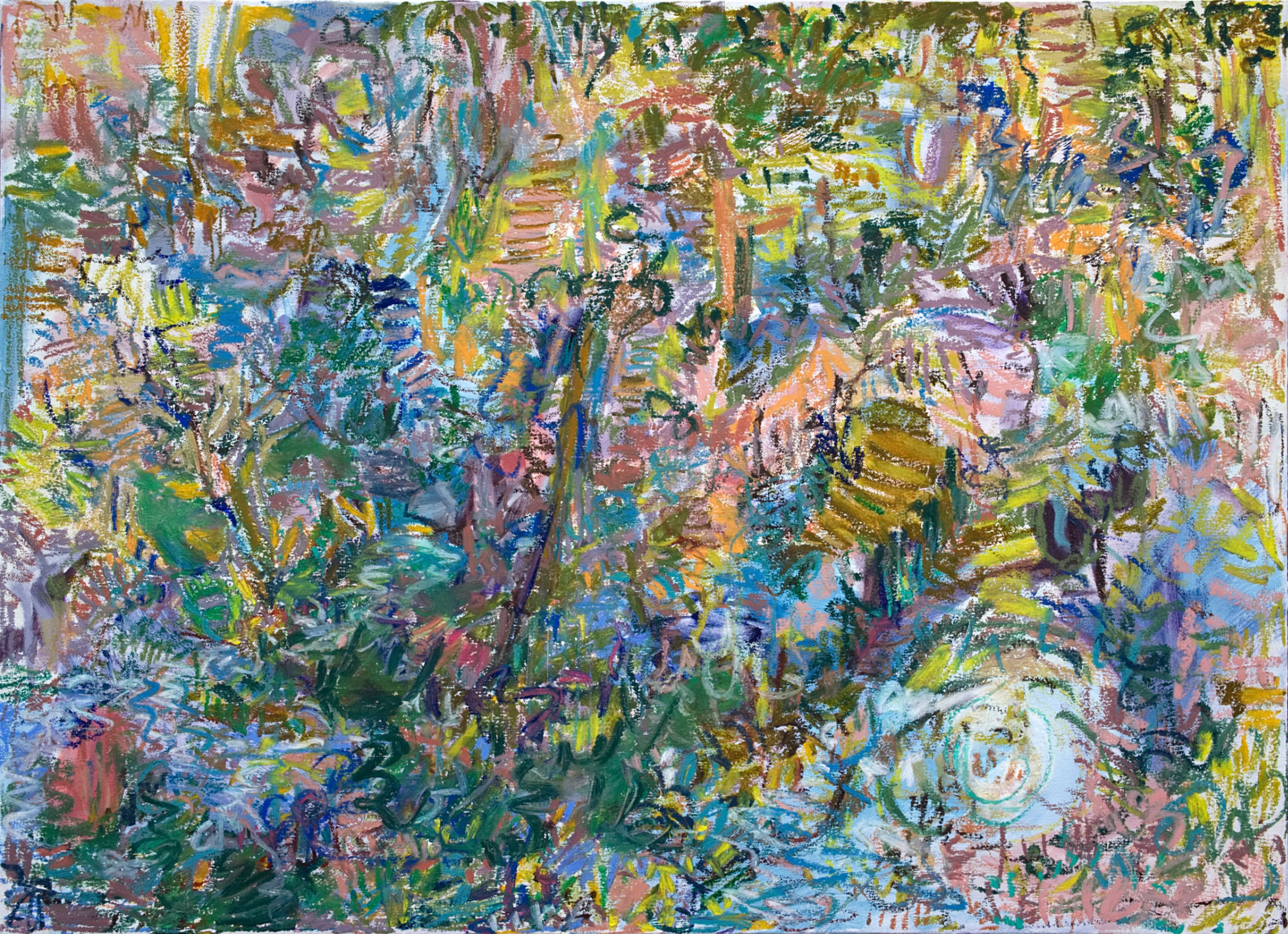 “Tell All the Truth But Tell It Slant”. 2017, Oil Pastel and Oil on Canvas, 24x36 in I used to live very close to upper Central Park where I walked and sketched almost everyday. The space of that area evoked my childhood memories of living in a traditional southern Chinese house, which is also in some way relevant to my impression of modern dance choreography.